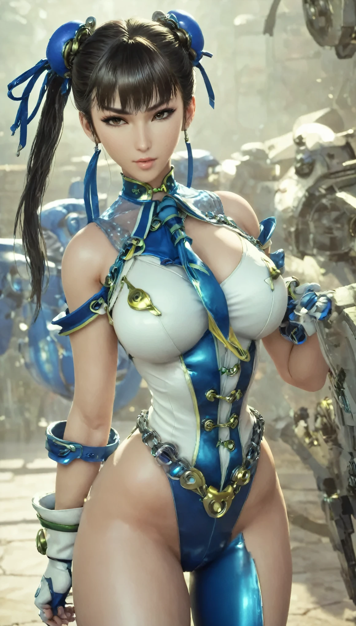 Eve wearing Chun Li's costume, Stellar Blade, large breast, thick thighs, curvy body,1girl,solo,heavy makeup,cute,earrings,ring braid,(lewd smile:1.1),holding mechanical sword,ponytail,idol,hooker, Chun Li's uniform,(battleground:1.1),