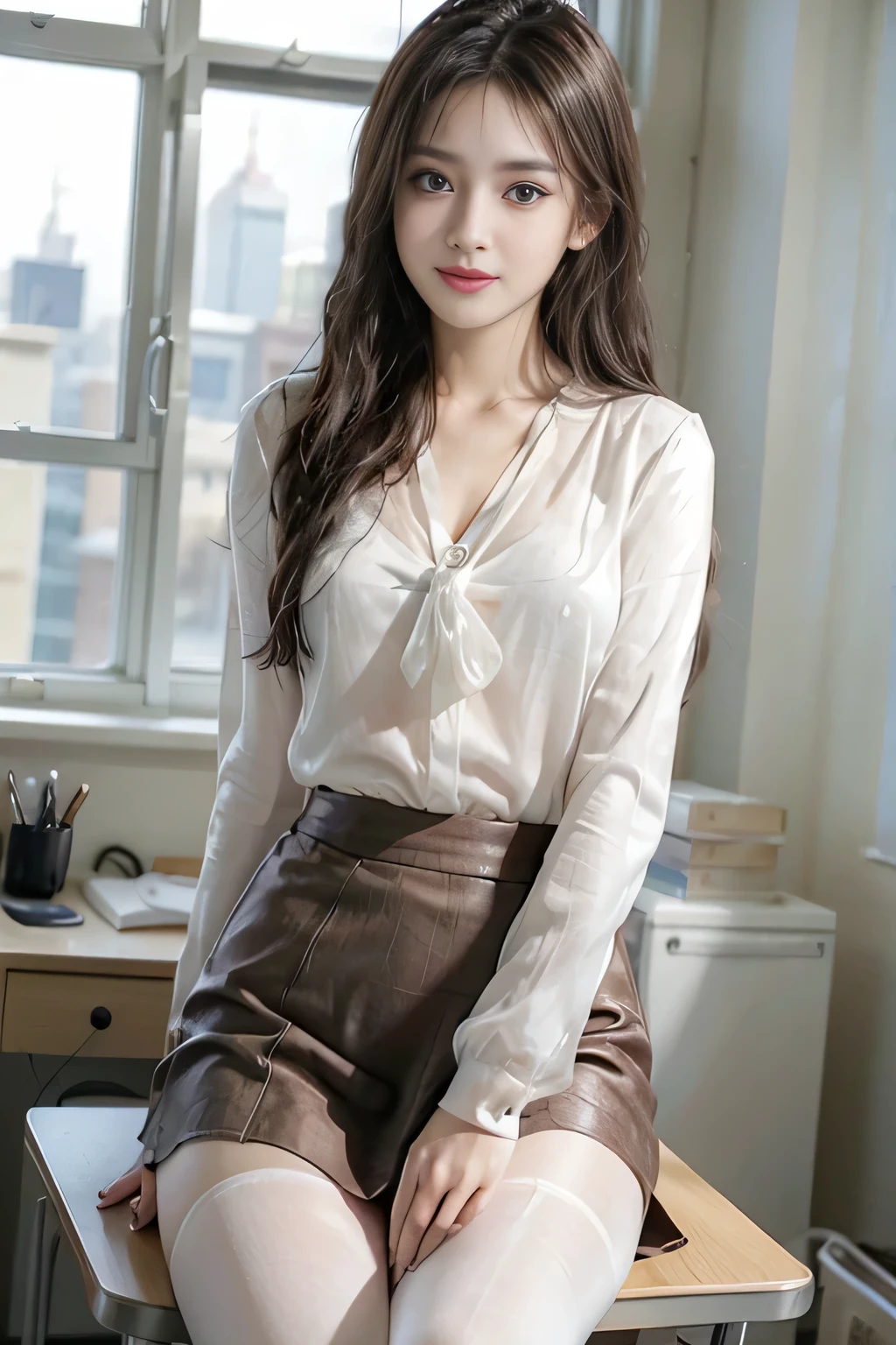 Ulchan-6500-v1.1, (Raw photo:1.2), (Photoreal), (See-through:1.3), (genuine:1.4), 1with a girl、25 years old、game_nffsw, big eyes(eye), smile of shame、brown semi-long hair、curly hair、pretty girl、(Elegant white silk blouse:1.3), (super realistic pantyhose:1.2), (mini skirt:1.2), sit in an office and work at a desk、realistic skin texture、shiny skin、big earrings、thin lips