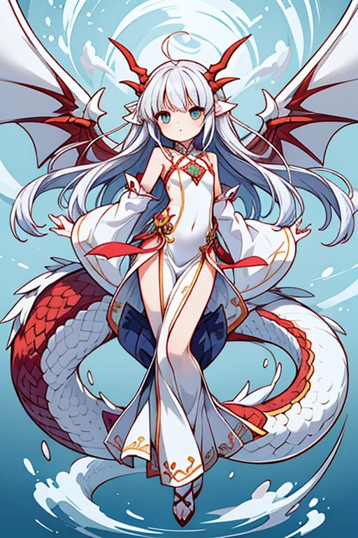 Woman with a dragon's lower body、2 Men Arms、Dragon's Tail、long nails、white scales、floating、delicate、delicate face、Dragon wings、dragon horn、flat chest、Noble clothes、sharp eyes、Super high quality