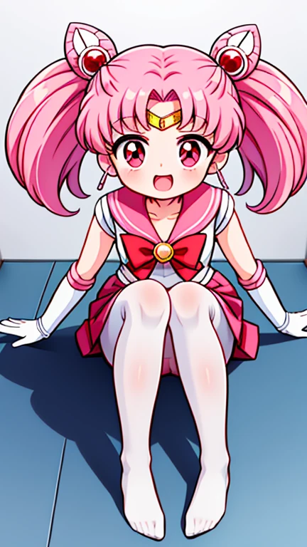 Sailor Moon,childhood,Young,Seven years old,Cute little loli,Pink hair twintails,red eyes,short hair,Sailor suit,bow tie,White elbow gloves,red skirt,sitting,no shoes,Open your mouth,laughing out loud,white pantyhose