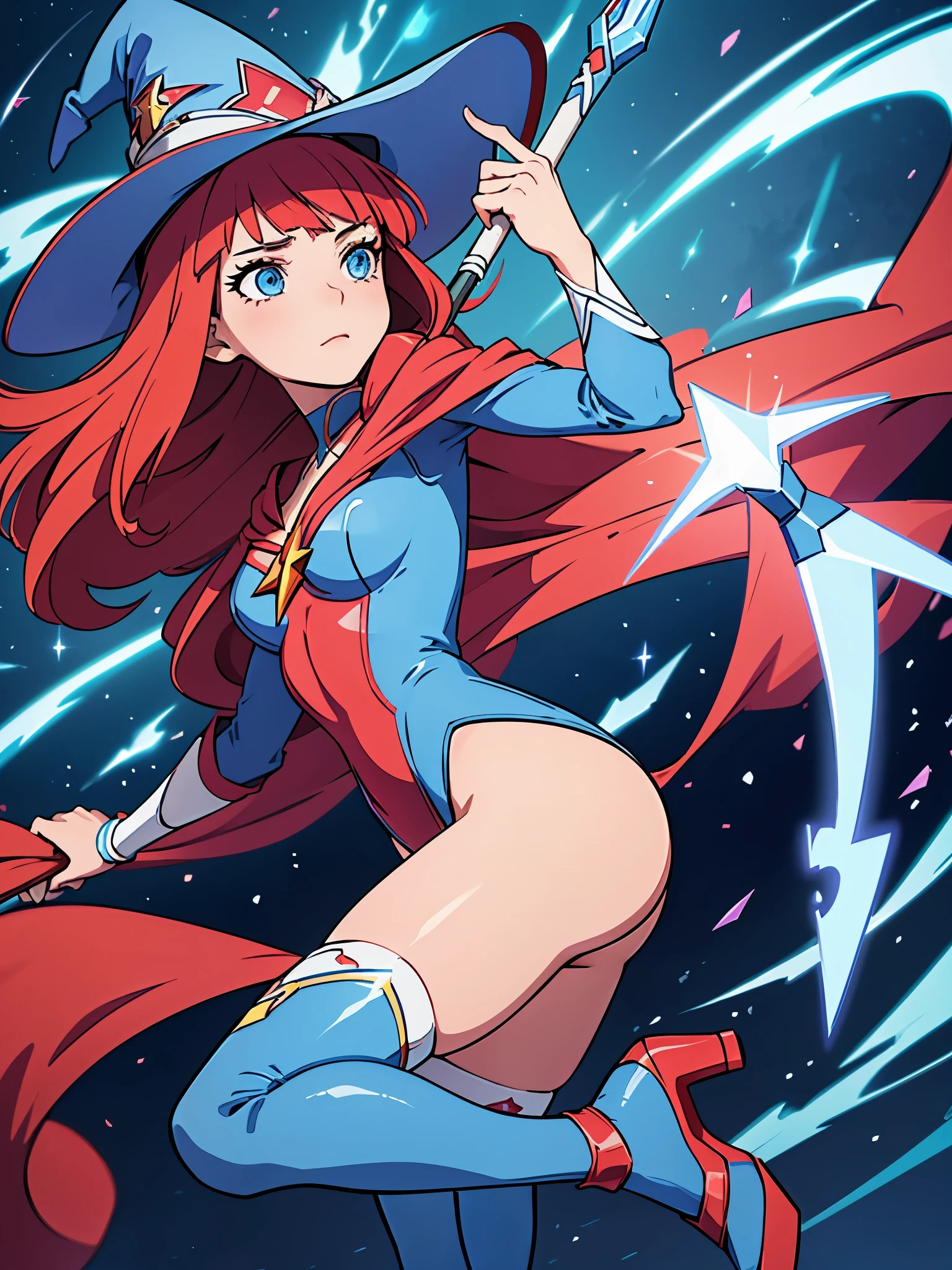 a cartoon of a woman dressed in a superhero costume holding a wand, witch academia, superhero sorceress witch, glamorous angewoman digimon, sky witch, by Aguri Uchida, maya ali as a lightning mage, leotard, blue leotard with white accent, bare legs, blue thigh-highs, red high heels, witch hat, red hair, long hair, blue eyes, beautiful detailed eyes, beautiful detailed face, cute face, medium breasts, age 16-18, solo, solo focus, wonder