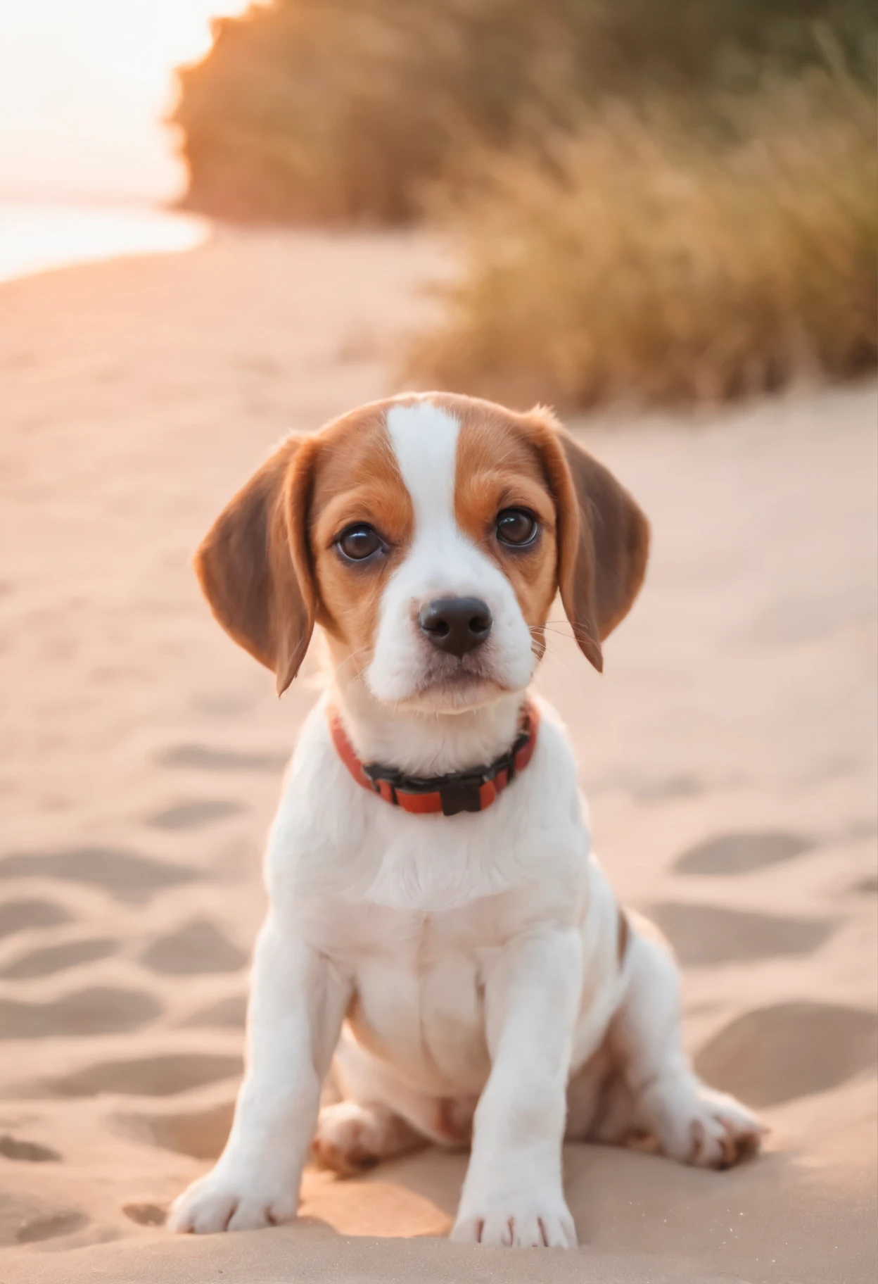 un beau petit chiot beagle, smilling, perfect mouth without defect, very hairy plain white, regard vers la caméra, sunset on the tropical beach in the background, 4k, hd, realistic, professionnal shoot