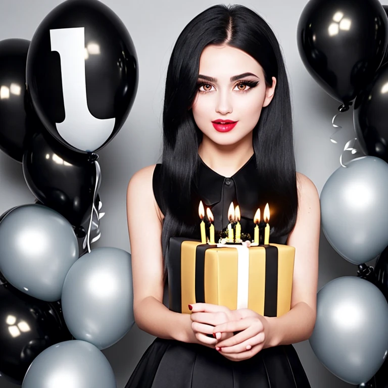 beautiful woman with black eyes and black hair with birthday balloons in her hands