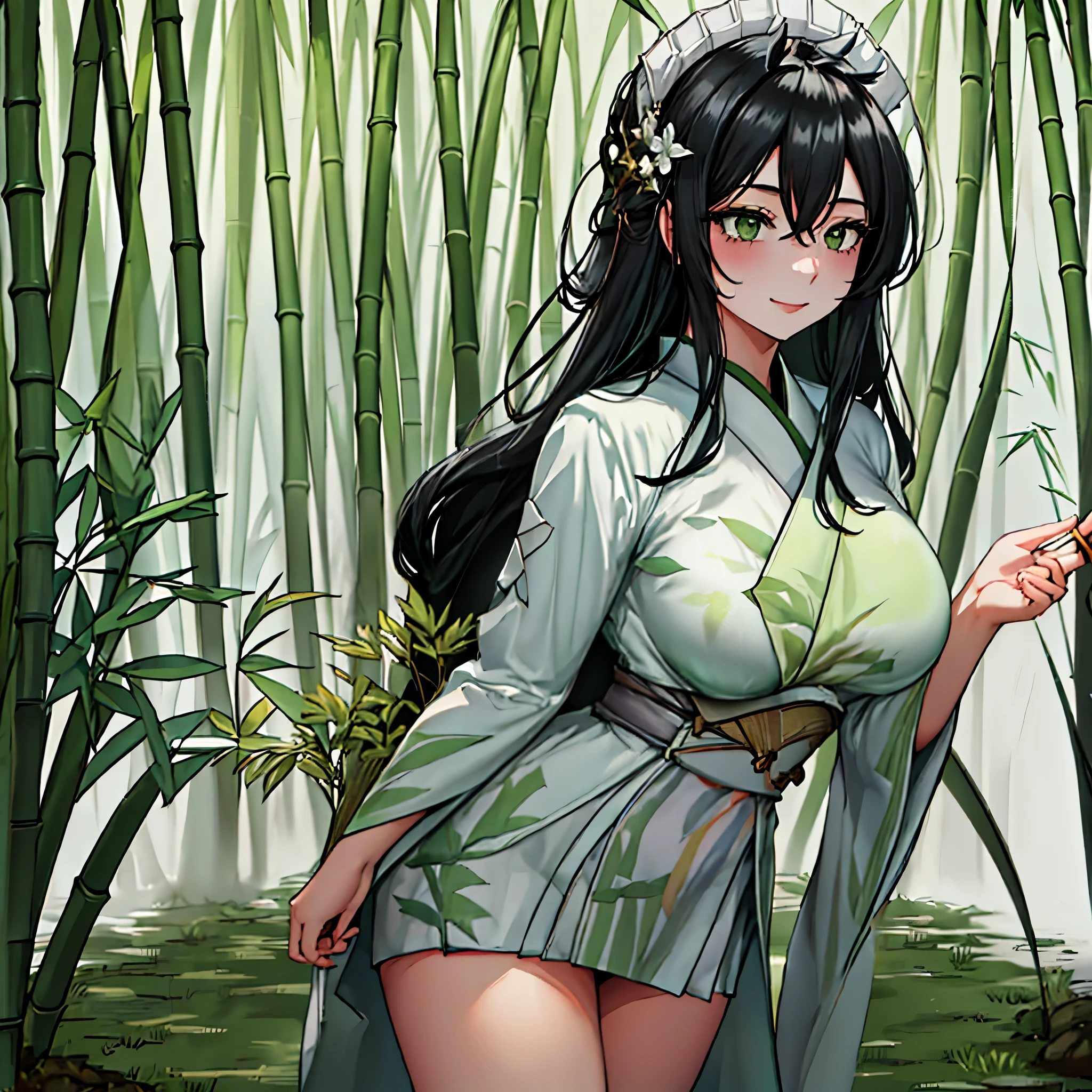 A woman wearing a white kimono with patterned green bamboo designs, long black hair, moss green eyes, white flower on her head, smiling, walking in a bamboo forest, with sun illuminating the place, dirt terrain with few grass, shadows detailed, HDR, masterpiece, well defined, ultra resolution, high quality, 8k HD. (just a woman, solo)
