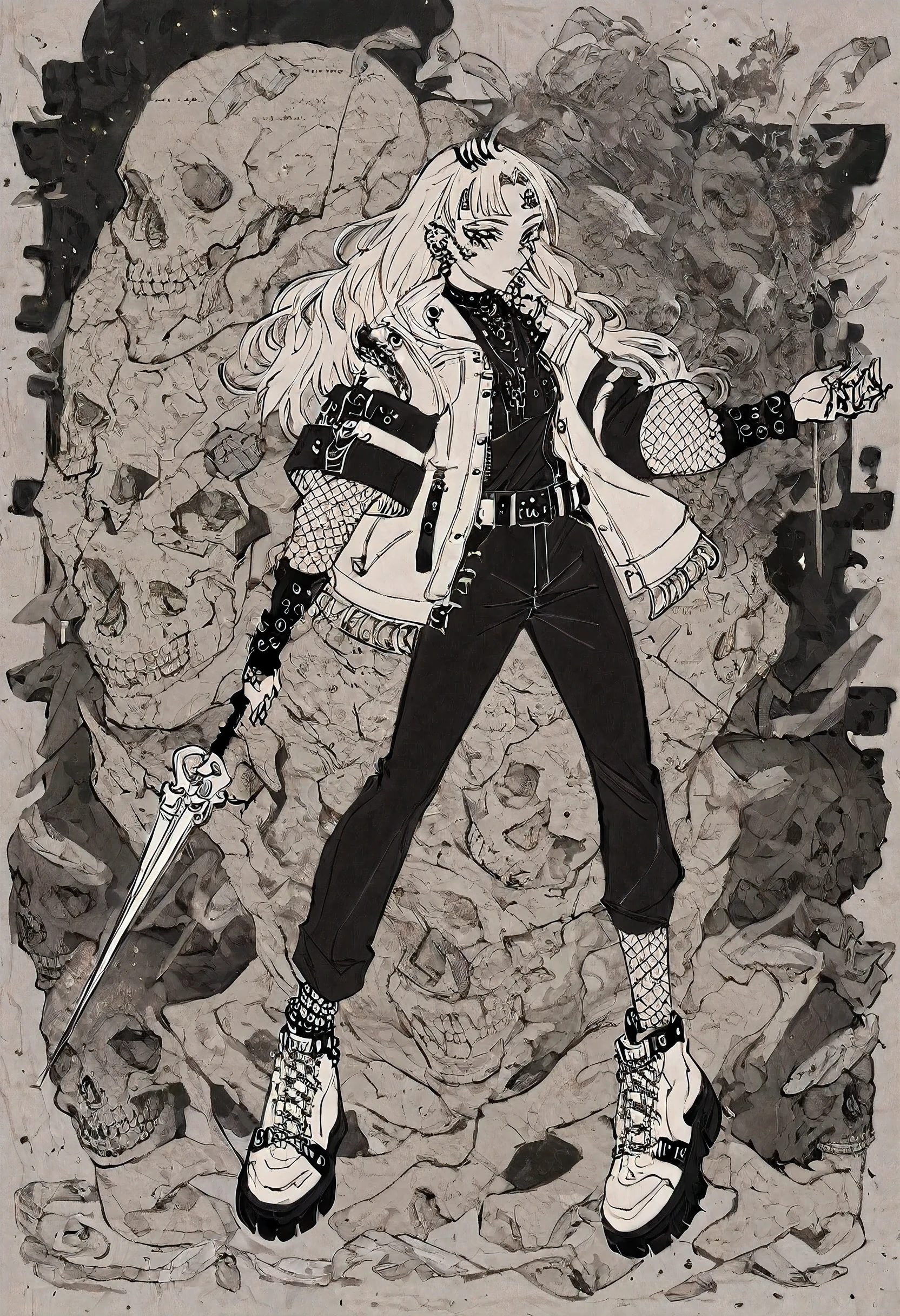 (High quality), (very detailed), (detailed face), (black and white), absurdres, aesthetic, (line art) , (full body), (holding a skull) 1girl, piercings, long hair, intricate jacket, black and white