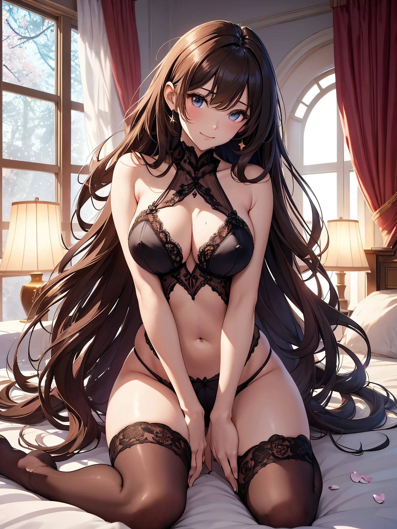 Beautiful beauty(lie on bed) Femme fatale、Fujiko Mine、elegant、(spread legs)low angle、Beautiful eyes、Gentle atmosphere、beautiful underwear、front、low angle、a lot of cherry blossom、brown hair、sexy、Sweat、Arms up and behind、friendly smile、hotel room、fantastic light、magic light、mysterious light、rembrandt Light Magical Gentle Light 、starrynight,full body stockings、big breasts、bust 90、detailed groin、open your legs、window、starry sky、beautifulstarrynightnight view、Beautiful decoration、art nouveau、Alphonse..Mucha、falling petals、ART、UHD、highest quality、masterpiece、SHARP、
(gorgeous body stocking:), (intricate lace:), (see thorough:),