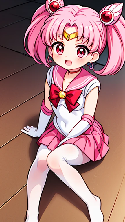 Sailor Moon，childhood，Young，Seven ，Cute little loli，Pink hair twintails，red eyes，short hair，Sailor suit，bow tie，White elbow gloves，red skirt，sitting，no shoes，Open your mouth，laughing out loud，white pantyhose