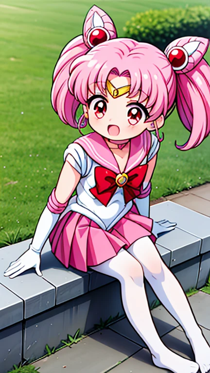 Sailor Moon，childhood，Young，Seven years old，Cute little loli，Pink hair twintails，red eyes，short hair，Sailor suit，bow tie，White elbow gloves，red skirt，sitting，no shoes，Open your mouth，laughing out loud，white pantyhose