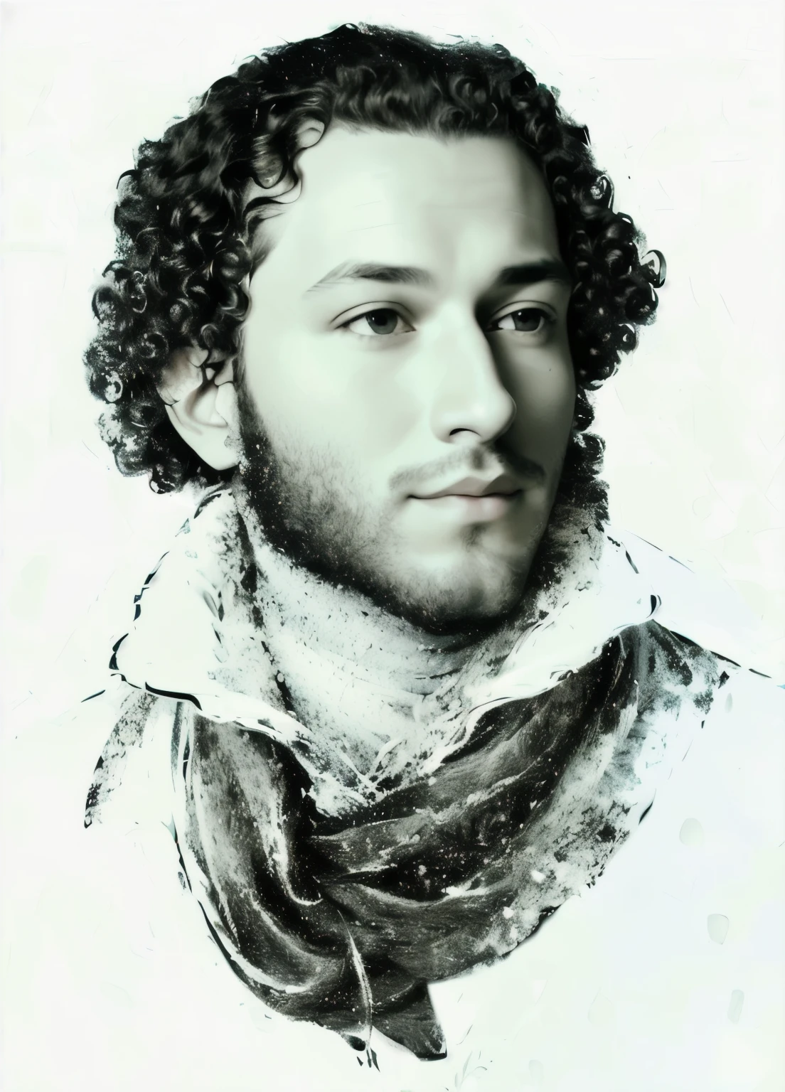 portrait of a man with a scarf, portrait of Alexander Pushkin, (((curly hair))), ((sideburns)), (((Masterpiece))), black and white pencil drowning, best quality, artgerm, trending on artstation, official art, unity 8k wallpaper, HDR, 4k, 8k, HD,
