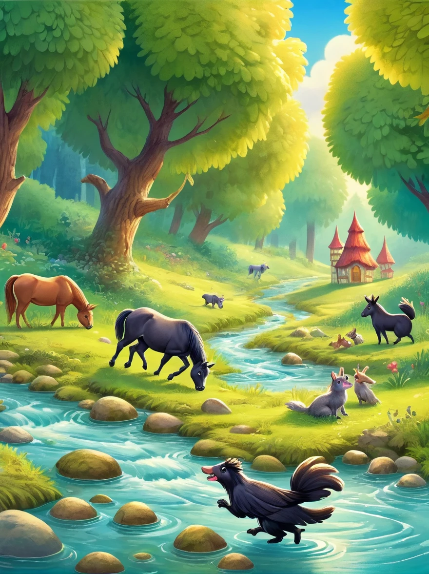 Pony crossing the river,creek,forest,squirrel,Old cow
