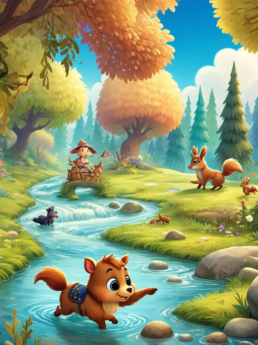 Pony crossing the river,creek,forest,Squirrel in a tree,wooden house