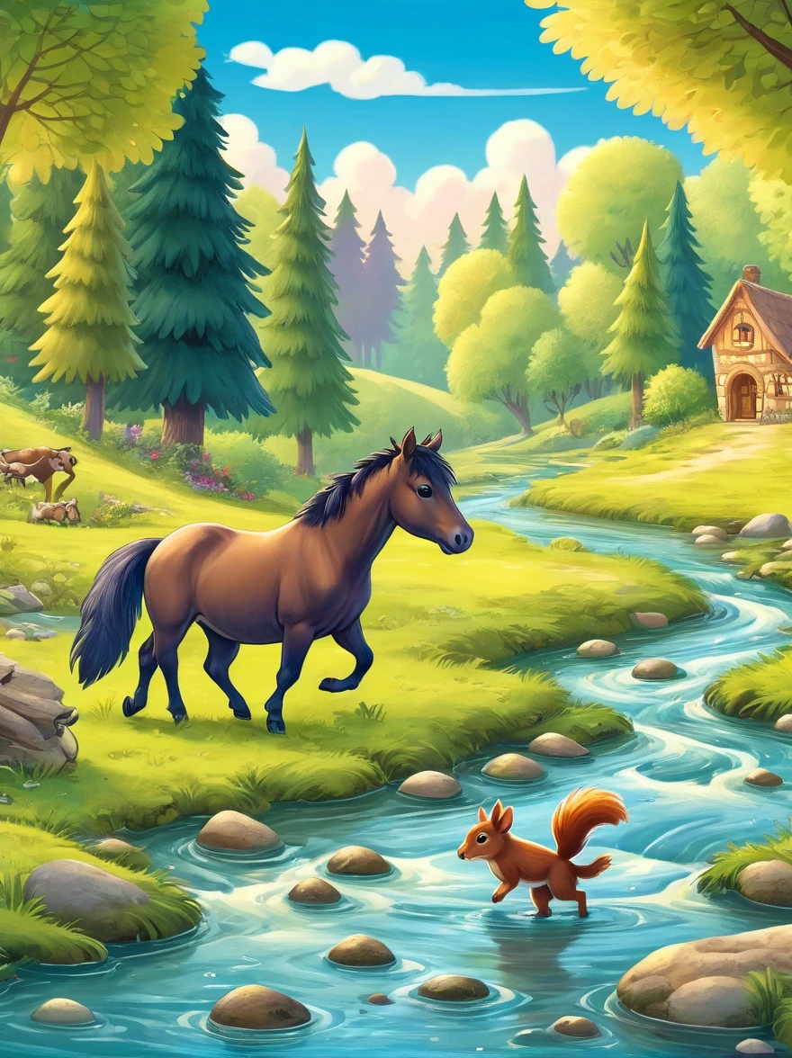Pony crossing the river,creek,forest,squirrel,Old cow