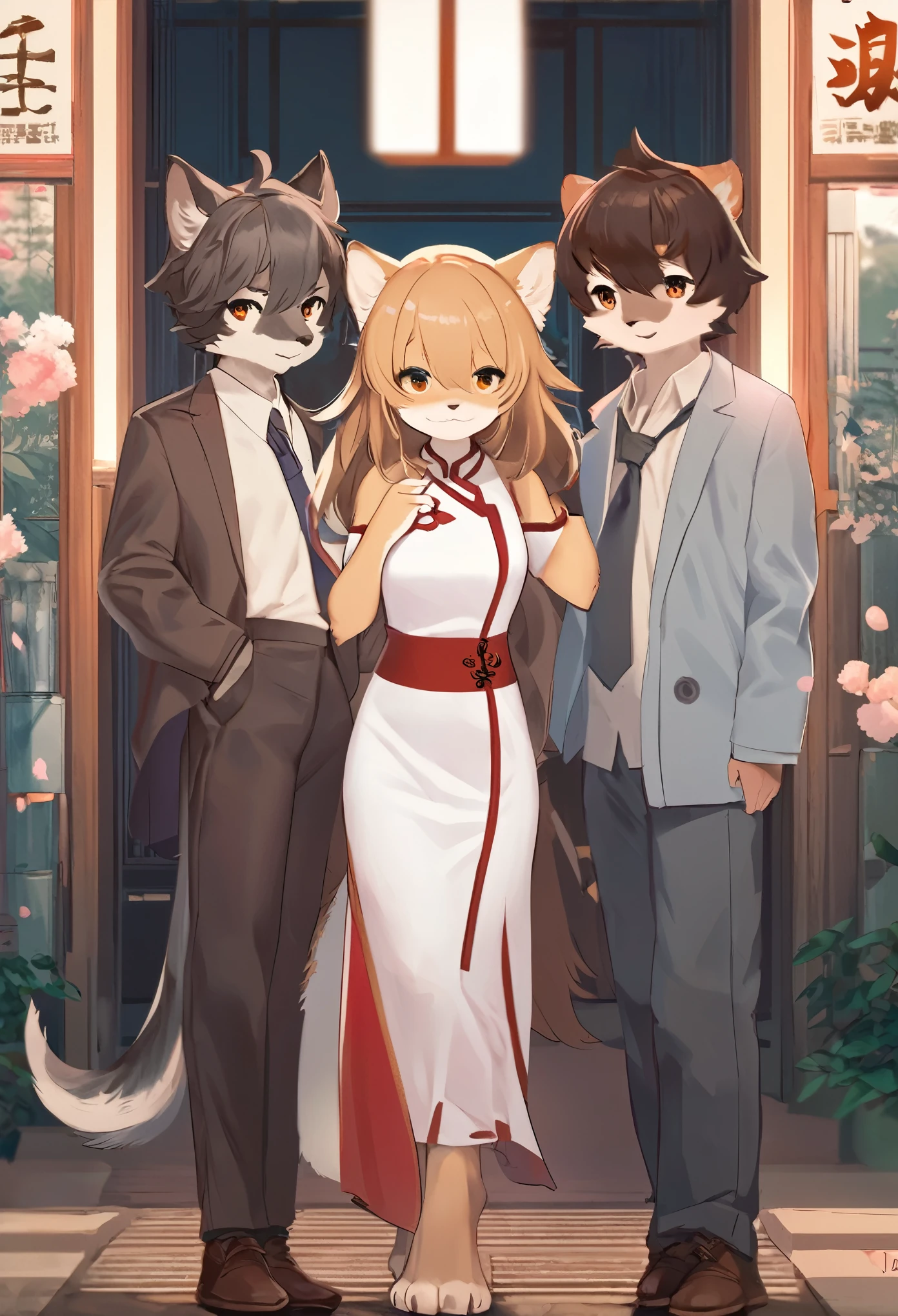 movie poster, highres, top quality, best quality, paid reward available, unparalleled masterpiece, perfect artwork, absurdres, High-quality illustrations, super high resolution, detailed background, perfect anatomy(young male detective and a woman in Chinese dress, furry, kemono, anthro)Crime mystery,