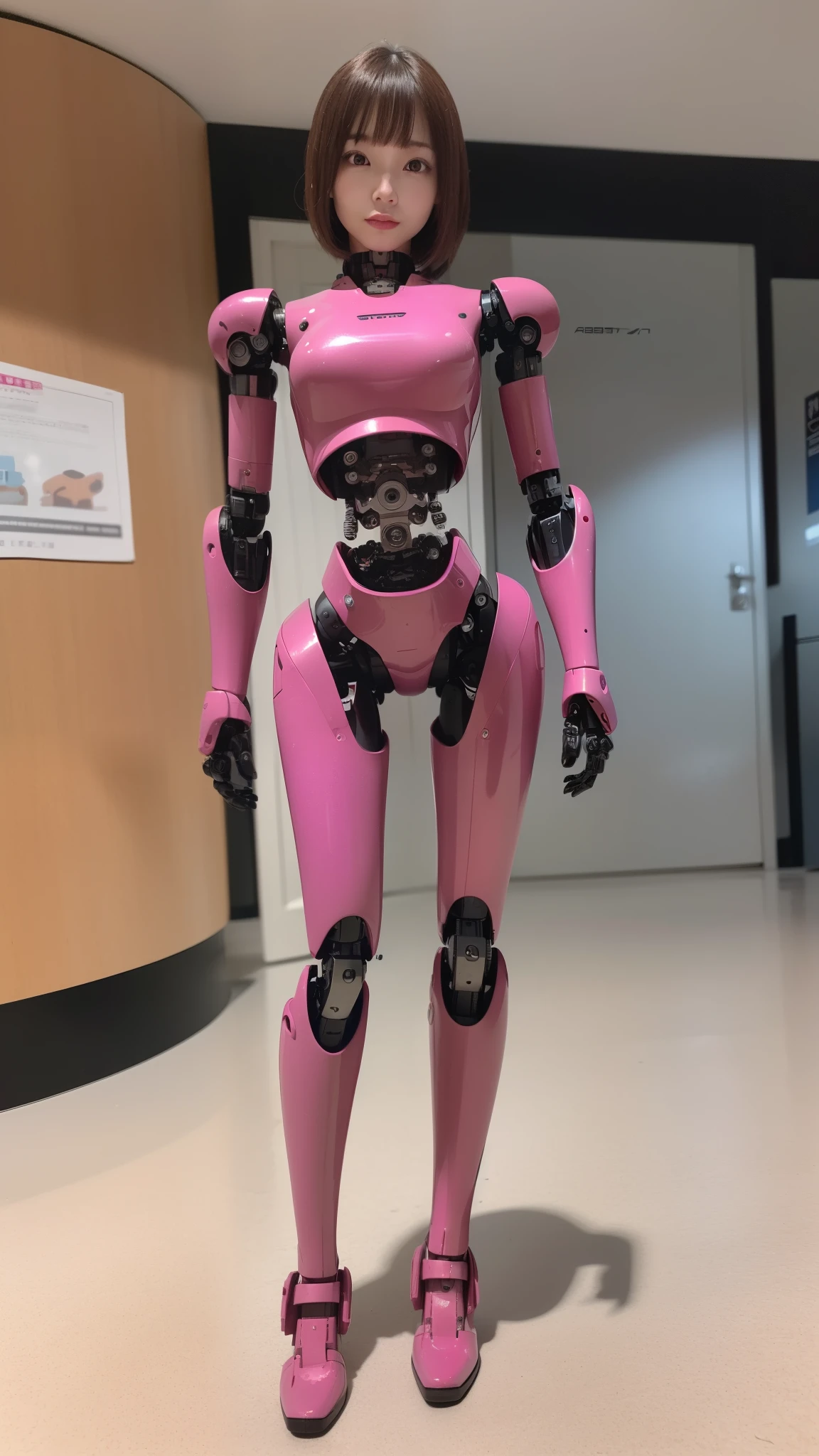 (Photorealsitic:1.4)、one robot woman、(top-quality)、(hyperdetailed face)、(Super well-formed face)、(Robot Parts)、(Female-Robot)、(25 years-old)、(Blue)、(pink there)、(Burgundy)、(metallic)、(full-body)、(sexy pose)、(Slender body)、(Model body type)、(full body mech)、(mechanical exposure)、(Akihabara)、(is looking at the camera)、(A brown-haired)、(Well-proportioned body)、(a small face)、(a small head)、(well-groomed fingers)、(Idol)、(front facing)、(Standing with legs open)、(Photo session)、(Looks sad)、(perfect-female-robot)、(perfect-mechanical-body)