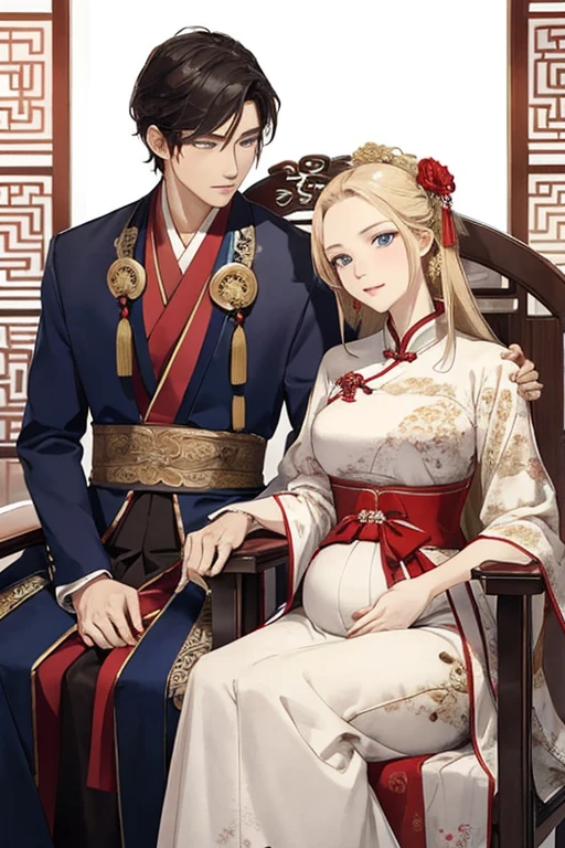 ((highest quality)), ((masterpiece)), (be familiar with), perfect face、perfect proportions
((Blonde wife、Blue-eyed wife、semi-long、Ancient Chinese imperial concubine、Ancient Chinese wedding dress、luxury jewelry、Engagement Rings、Red fancy clothes、pregnancy))
wedding style、８０Getting along well with Toshio、My husband has black hair、My husband is Chinese、Her husband was the First Emperor、On a gorgeous throne２Sit with people、ancient chinese costume、Her husband was an ancient Chinese emperor、kiss