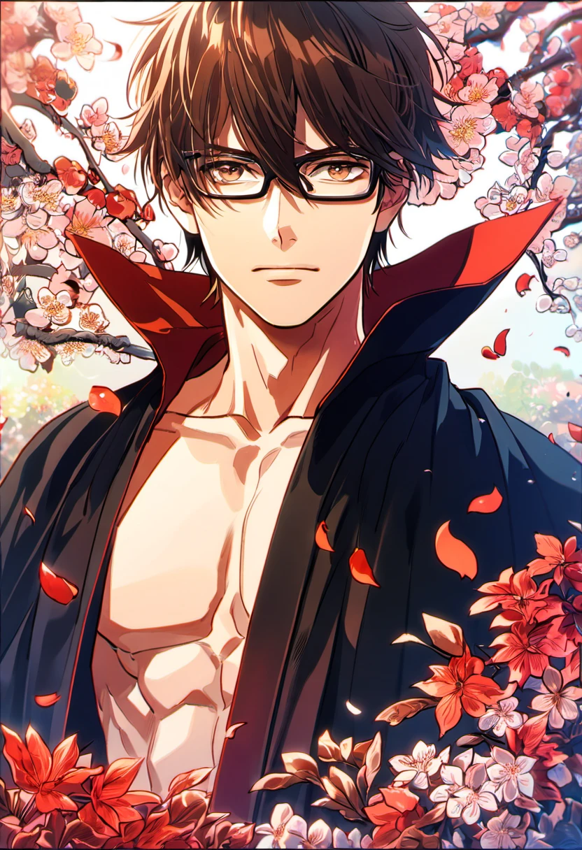 absurdres, highres, ultra detailed, HDR, masterpiece, Diamond no ace, Miyuki Kazuya, brown messy hair windswept, hair between the eyes, expressive brown eyes, glasses with black frames, bare chest, black cape, black clothes, 1man, handsome, designed decoration such as red leaves, birds and blossoms, petals, garden