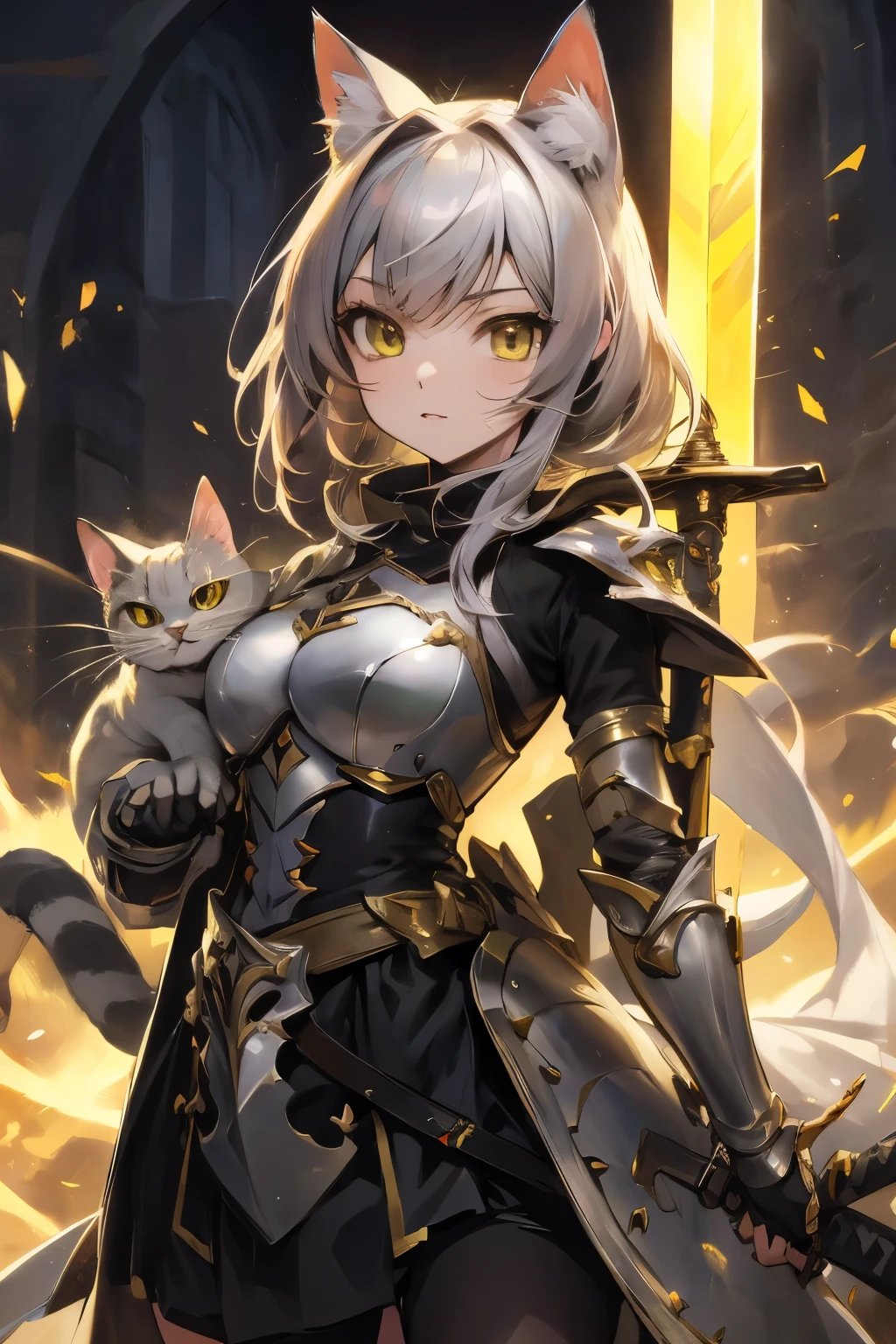 anime girl with cat and sword in front of a building, O Cavaleiro da Armadura do Gato Dourado, garota de armadura, linda Catgirl Anime,  gato branco, garota gato atraente, anime fantasy illustration, muito linda garota Anime Cat, arte chave detalhada do anime, arte digital detalhada de anime, arte de fantasia de anime, trends on artstation pixiv, arte detalhada de anime, arte detalhada de animework