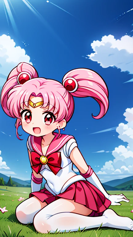 Sailor Moon，childhood，Young，Seven ，Cute little loli，Pink hair twintails，red eyes，short hair，Sailor suit，bow tie，White elbow gloves，red skirt，sitting，no shoes，Open your mouth，laughing out loud，white pantyhose