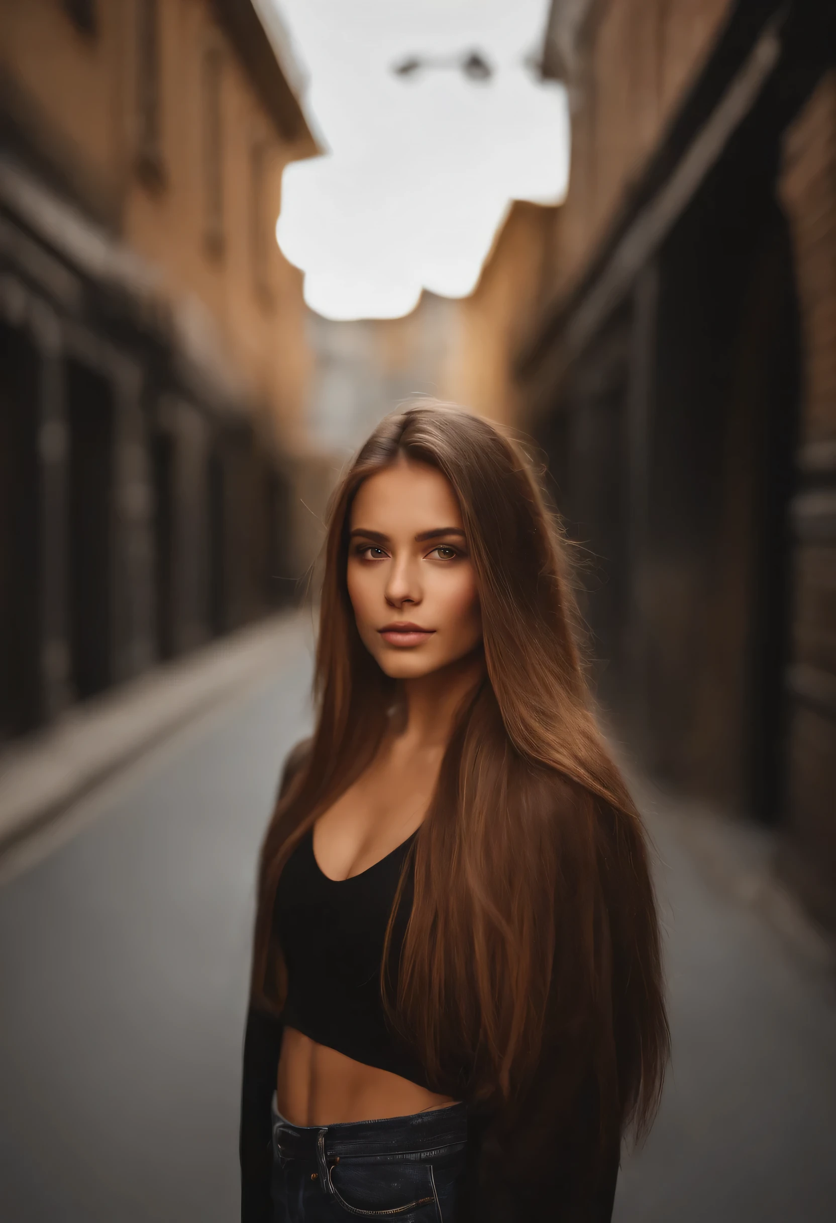 Natural photography of a girl, wearing a loose crop top, leaning over, long straight light brown hair, locks eyes into the camera, symmetrical eyes, symmetrical face, photorealistic, photography, path tracing, specular lighting, volumetric face light, path traced hair, visible shadows, intricate, elaborate, street art background