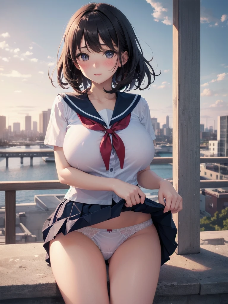 very cute and beautiful girl,(highly detailed beautiful face and eyes:1.2), huge breasts, (((blush))), (sailor school uniform), (navy blue pleated mini skirt:1.15), leaning forward, from below, (white panties, lift skirt, pantie shot, blush,) (town overview), detailed landscape, black hair,(best quality,masterpiece:1.2),intricate details, extremely detailed, 8k resolution, solo, natural lighting, hair fluttering in the wind,