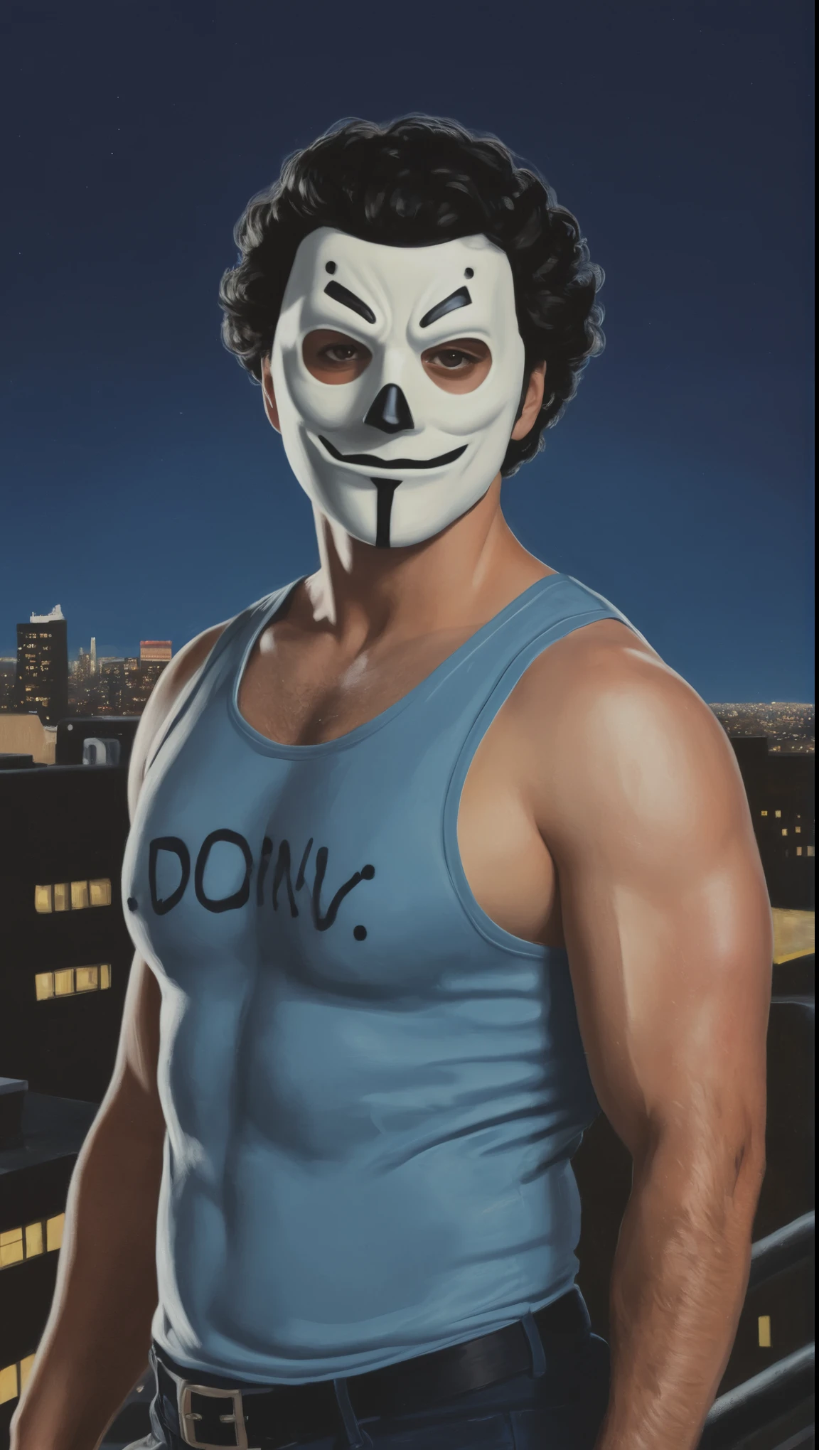 An illustrated movie poster, hand-drawn, full color, a supervillain, 28 years-old, wearing a buckle-up singlet and a domino mask, stocky, soft doughy physique, deep brown eyes, wide bulbous nose, full lips, black hair, curly hair, thick bushy eyebrows, extremely hairy chest, stomach, and arms, lots of body hair, posing on a neon-lit rooftop, hard shadows, graphite shading, stencil markings, airbrushed acrylic paint, masterpiece