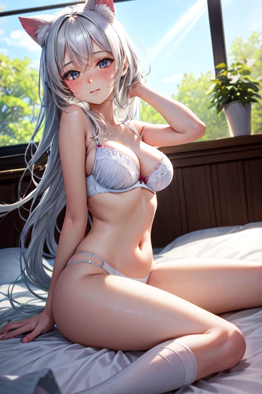 The lazy girl is lying down on the bed her long white hair flowing over her shoulders as she looks up at the camera with a slight blush on her face. Her cat ears have been hidden in her hair but are visible when she moves her head. She is wearing a tight white bra, tight white panties, and tight white socks. Her medium breasts are barely contained by the bra as she lays on her back. The light from outside shines in through the window and highlights her curves as she is inside a house next to a bed with pink sheets. High resolution, best quality, anime, anime girl