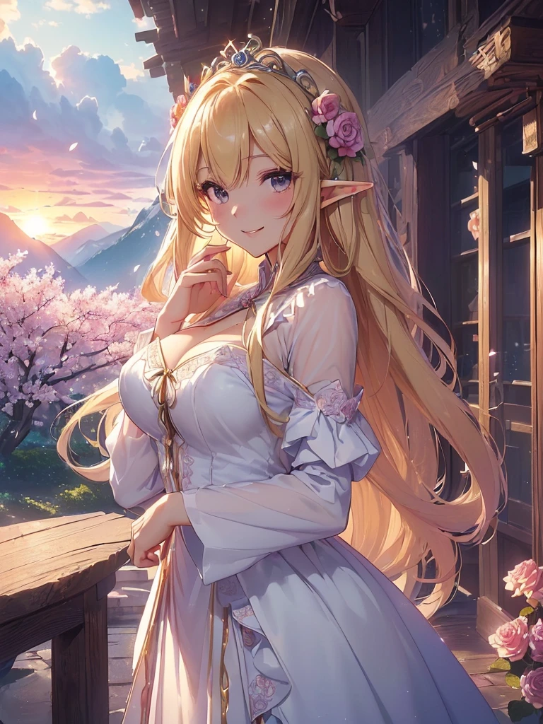 最high quality、best image quality、masterpiece、beautiful face、、titania、Super beautiful elf beauty((22 year old office lady big bust、bust 90,beautiful long ironed hair、blonde、height: 165cm。thin、sexy、cowboy shot,、Esbian、beautiful tiara、morning、sunrise、high quality、美しいart、、、pieces fly、ビジュアルart、written boundary depth、、elf ears、、lightのmagic、universe、happy smile、穏やかなlight、beautiful forest、cherry blossoms、、elegant、ticker beautiful decorative、、、mystery的な rosa、Rose、、magicのflower、flowerを作るmagic、light、 null、beautiful dressy、beautiful dress、art、Lord of the Ring、spectacular scenery、sexy、friendly smile、wonderful、cherry blossoms、舞い散るflowerびら、cherry blossomsのflower、flower畑、nature、universeのmagic、magicのlight、fantasy、flower、super REALITYa lotのRose、magic、Grow fantasy、、mysteryのlight、art nouveau、Alphonse a lot、、art、art,mystery,UHD,magicalgentle light,sexy、