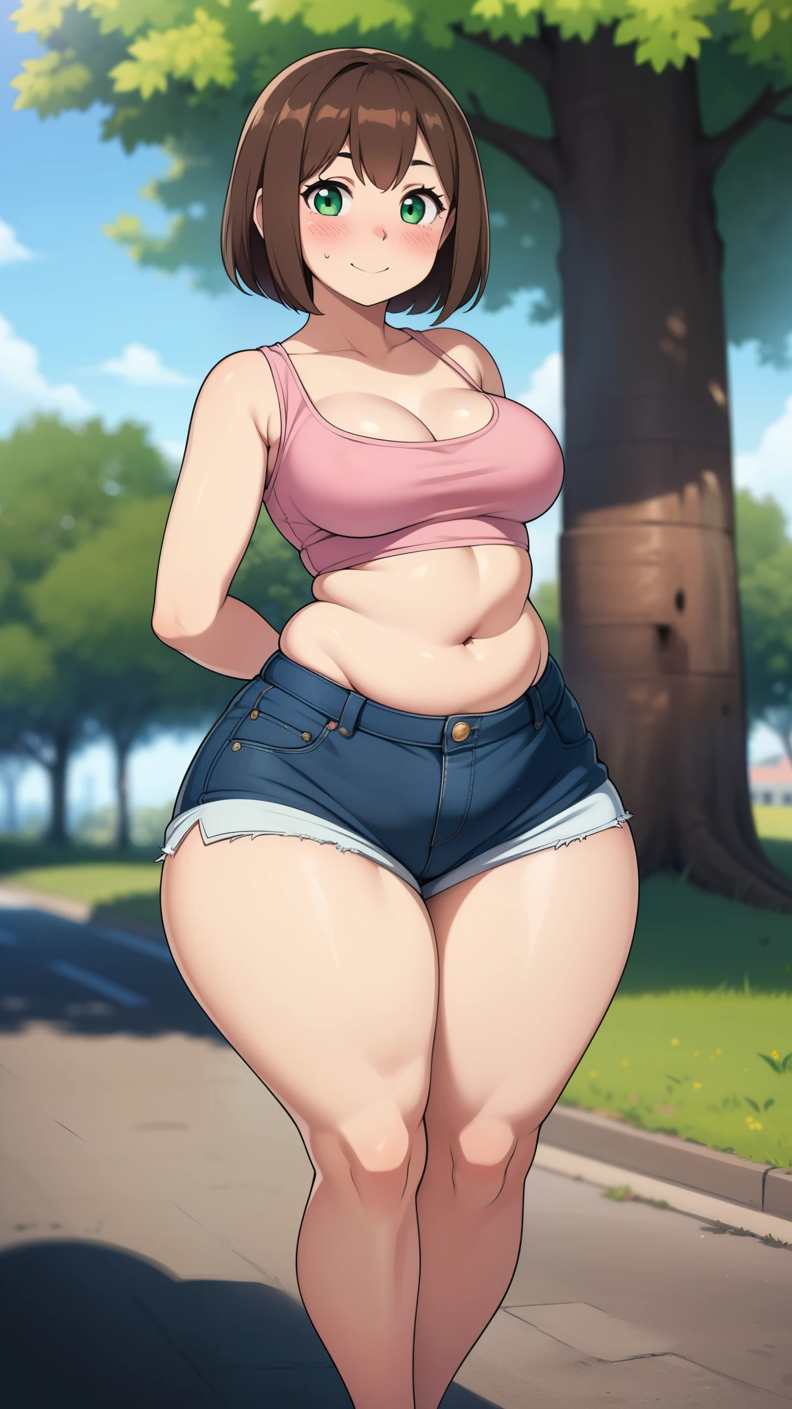 ((highres)), Masterpiece, high quality, best quality, beautiful, perfect lighting, detailed face, ultra cute face, ((1girl)), ((solo), short fluffy brown hair, green eyes, ((blush)), sweet smile, looking at viewer, arms behind back, standing in a park, (park), daytime, crop top, shorts, (((thick thighs))), (wide hips), cleavage, (small breasts), (chubby), 20 year old female,