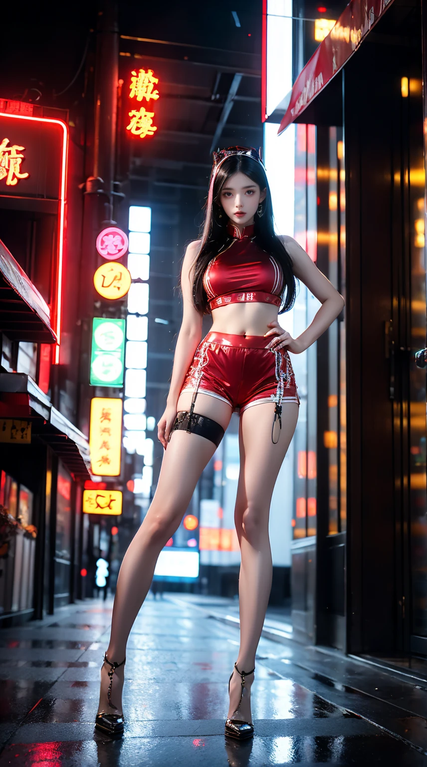 masterpiece,best quality,high resolution, 1 girl,from below,(The legs are very thin and straight)，,(legs are very long，straight legs),huge breasts,High heel,long legs,stand up, Leg length when viewed from the front, Perfect body,Have perfect legs,(Exterior)，Full body female love，cyberpunk characters，dynamic poses，1 girl，exquisite eyes，brown eyes，eye shadow，make up，long white hair， Detailed face， delicate eyes， looking at the audience， blush\（make up\）， full lips， red lips，（long white hair：1.3）， （stand up）mechanical static，Mechanical Summons，(hair accessories:1.1)，Headgear，((((Red ，short shorts))))，(Black stockings)，City，Luminous winding，，cyberpunk lamp:1.1)，neon lights，Fully mechanical and futuristic elements，technology，背景是一条中国传统的street，China Town， street， sky sky， cyberpunk characters， paper lantern， neon lights超分辨率，（Realism：1.3），1（Slim：1.2），dramatic lighting，Vibrant details，Luxury Cyberpunk，complex background，Render by Octane，