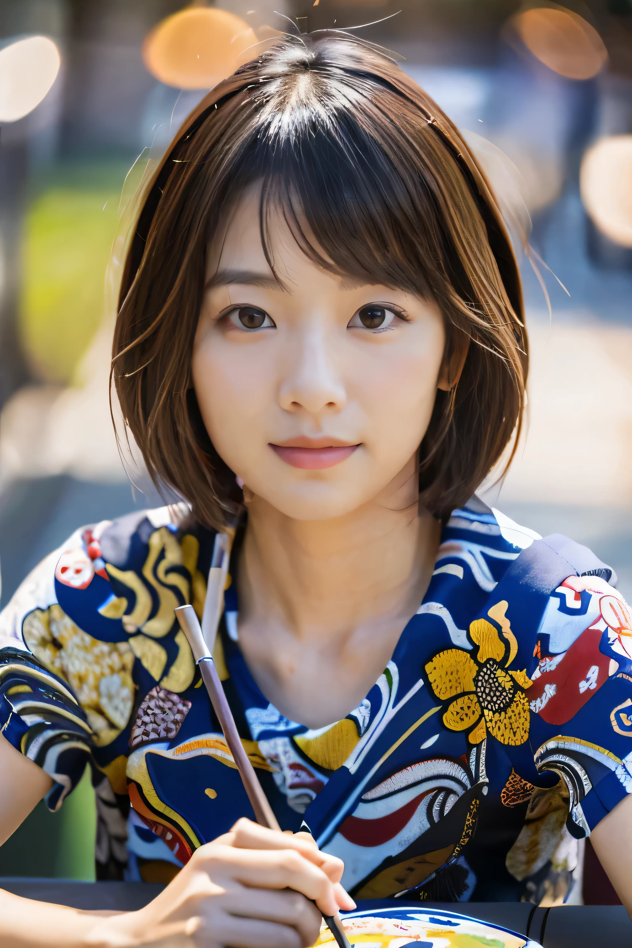 (table top, highest quality:1.4), beautiful face, 8K, 85mm, absurd, (floral pattern yukata:1.4), close up of face, violaces, gardenia, delicate girl, alone, night, looking at the viewer, Upper body, film grain, chromatic aberration, sharp focus, face light, professional lighting, Sophisticated, (smile:0.4), (simple background, background bokeh:1.2), Surface details,fireworks festival background、(Cute short hair:1.5)