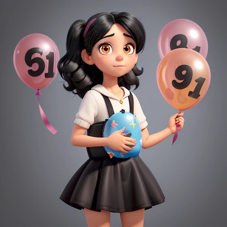 beautiful girl with black eyes and black hair with birthday balloons in her hands