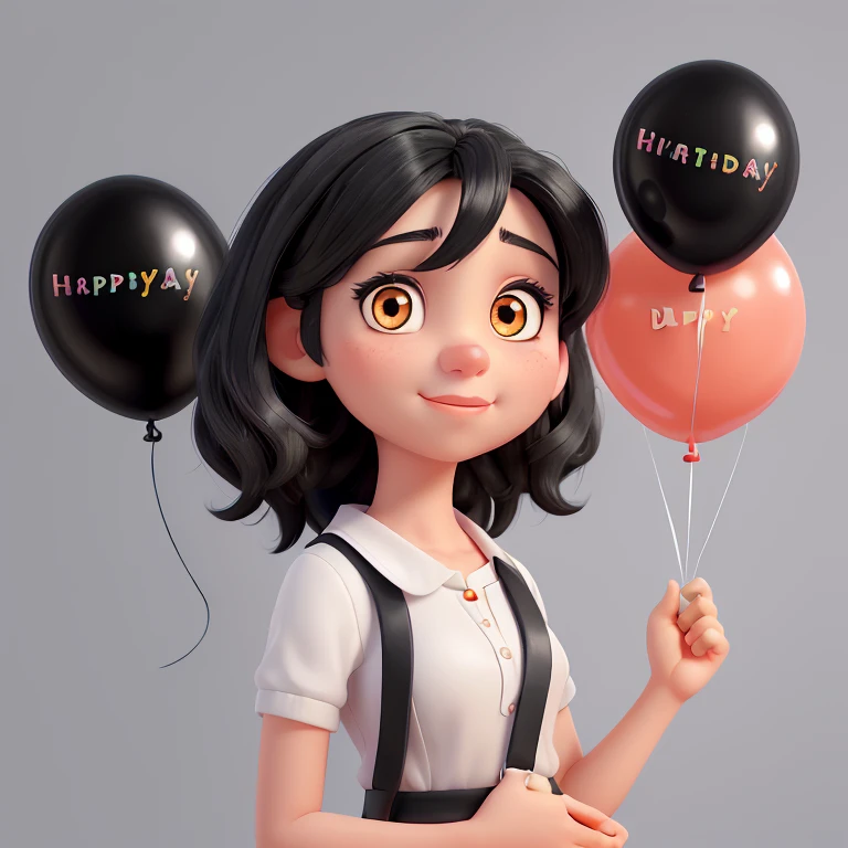 beautiful girl with black eyes and black hair with birthday balloons in her hands