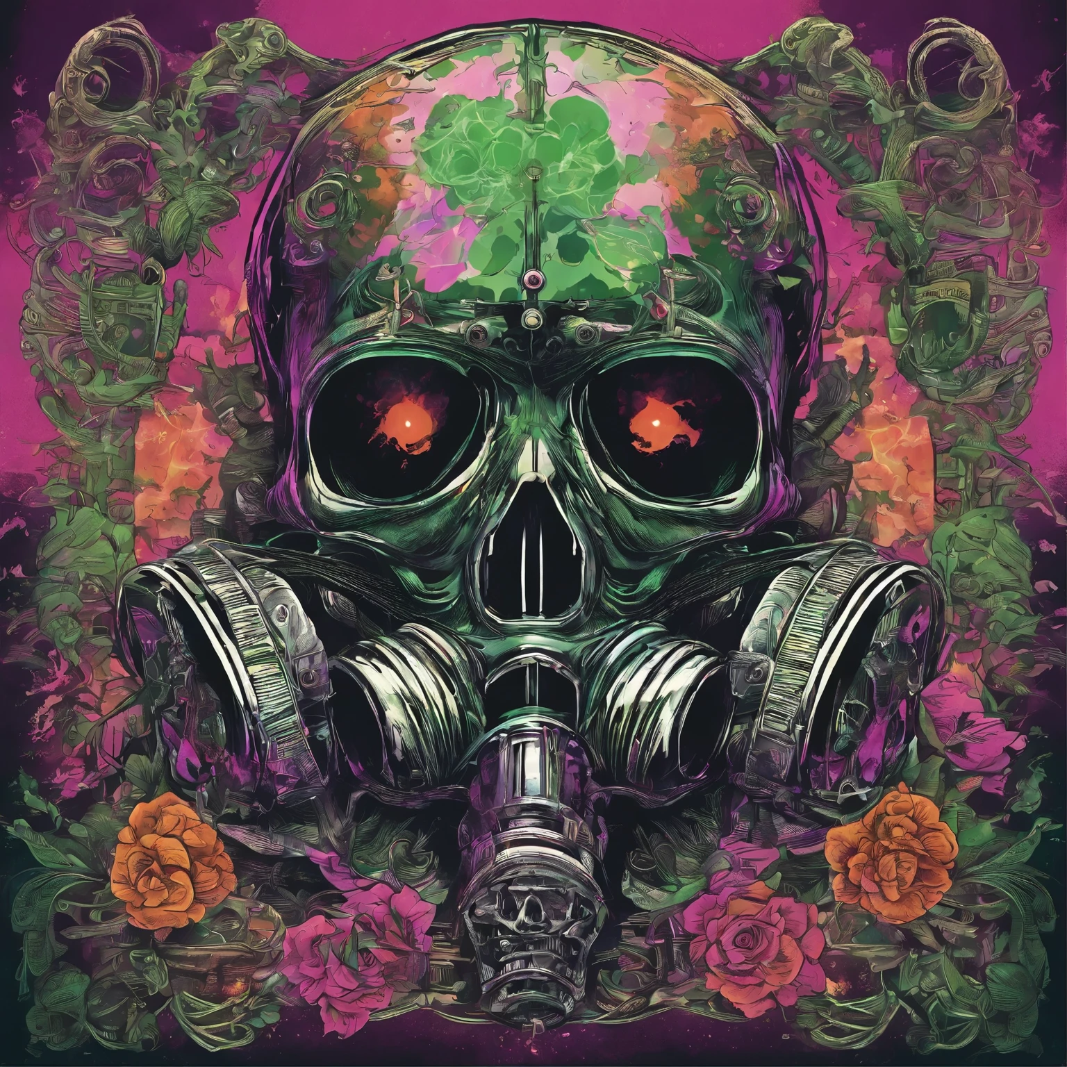 detalhes extremamente intrincados, depicting a skull fused to a gas machine with lots of radiation, perigo cerca arame enfarpado, nuclear toxico, armas quimicas cranio brilho verde plutoniocor predominante verde e roxo com preto e branco, with glowing mushrooms growing around the skull dressed in gas mask is on the floor with bullet casings fear horror 4k psychedelic gas mask realistic front view