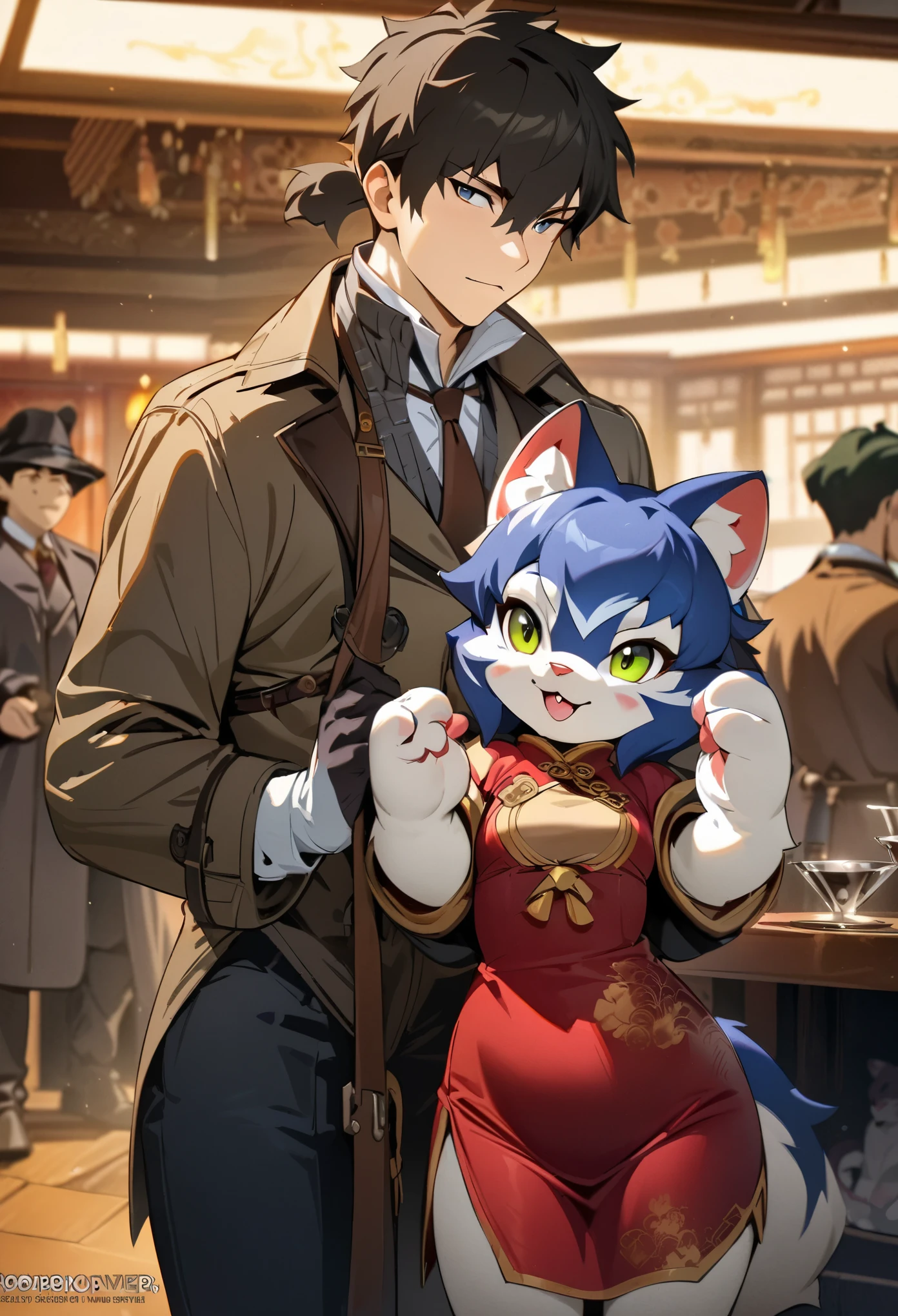 movie poster, highres, top quality, best quality, perfect artwork, absurdres, perfect anatomy(young male detective and a woman in Chinese dress furry, kemono, anthro)Crime mystery,