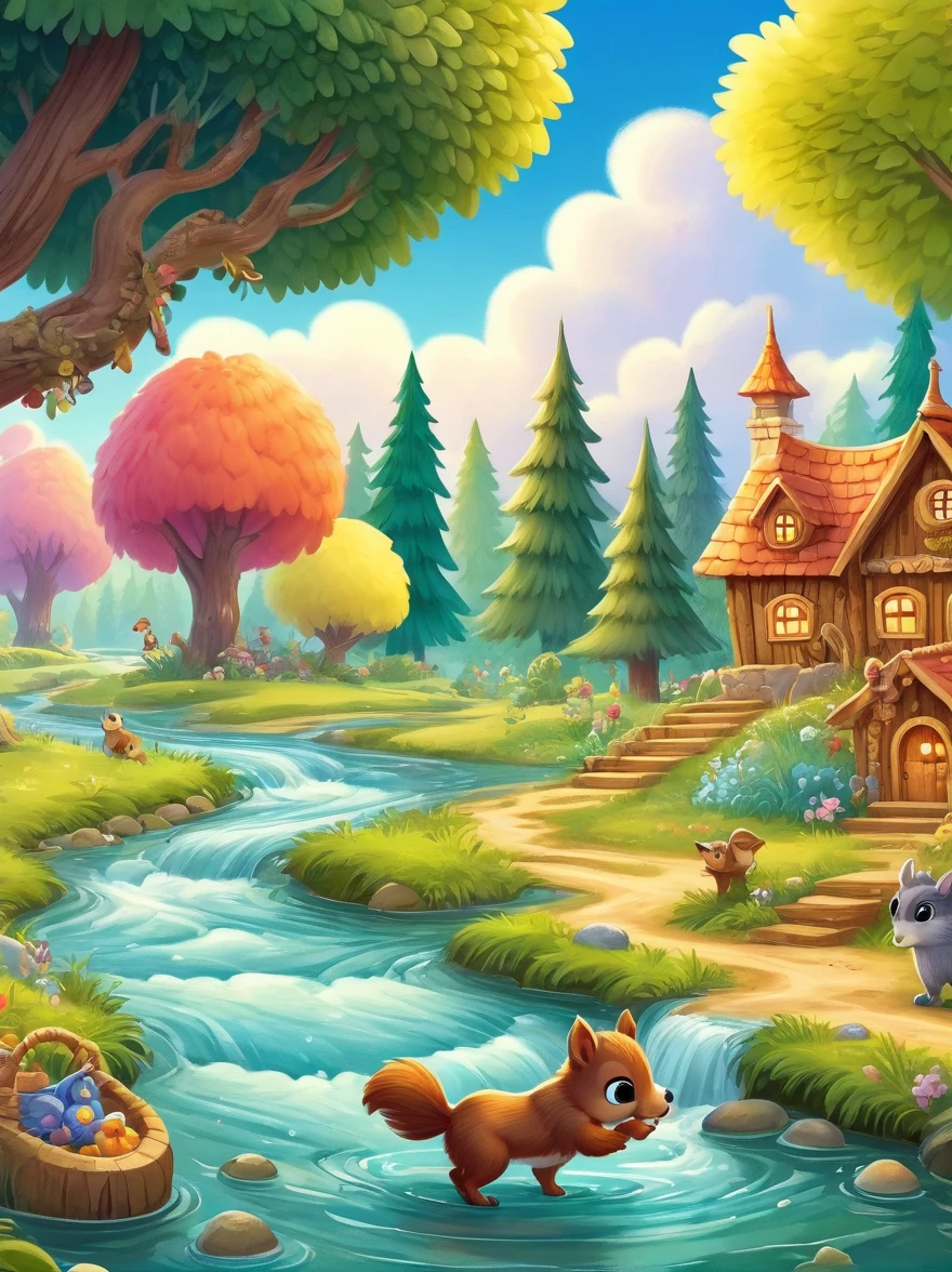 Pony crossing the river，creek，forest，Squirrel in a tree，wooden house