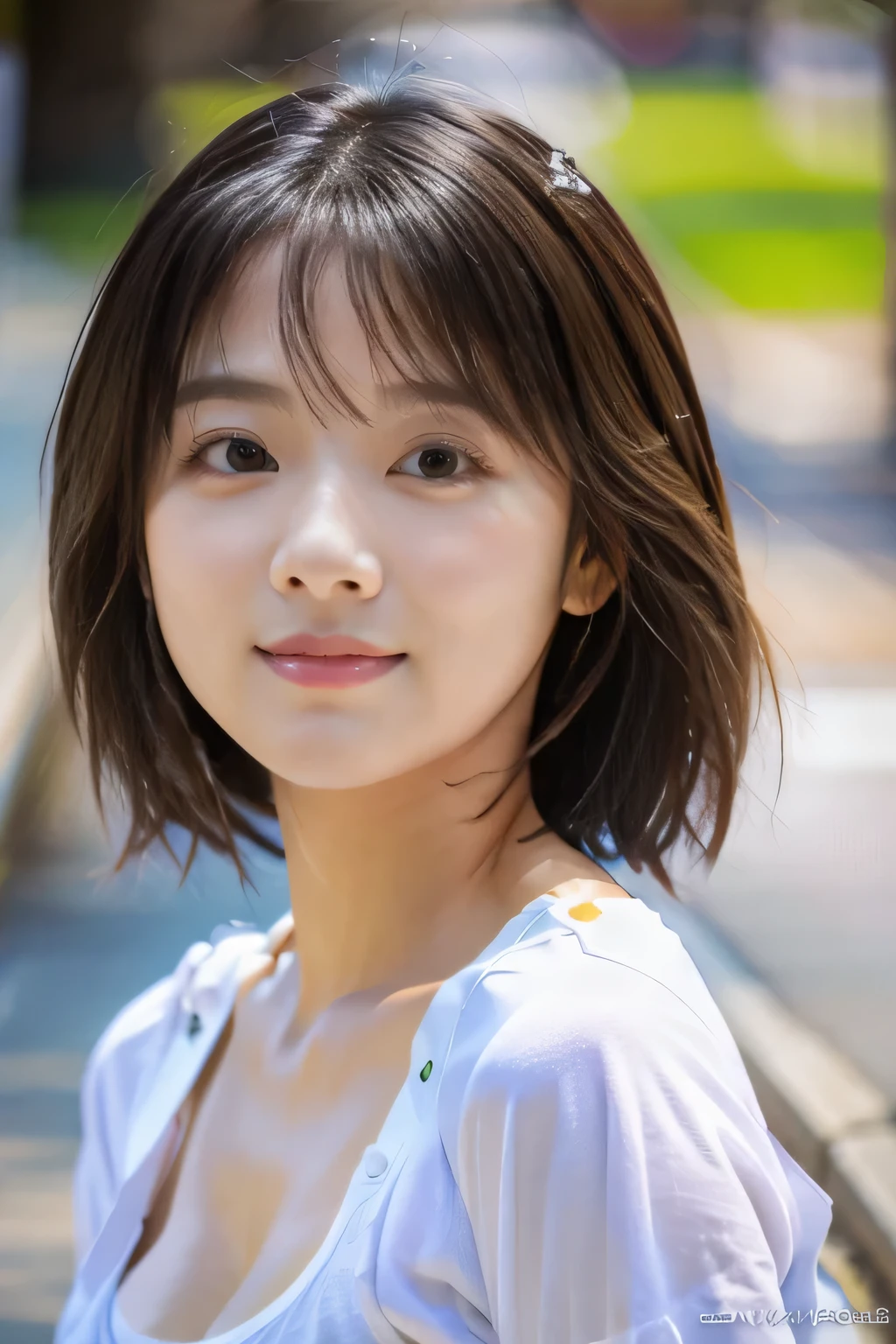 high quality, masterpiece, ultra high resolution, (realistic:1.4), Raw photo, 15 year old girl, ((leaning forward):1.3), ((from the front)), (white t-shirt:1.2), (Very cute face like the most popular Japanese idol, ((very beautiful big black eyes)), very beautiful hair, (Cute short hair:1.5)、very beautiful skin, very beautiful long eyelashes, very beautiful lips, very beautiful cleavage, innocent smile, dynamic pose, Well-balanced body size、