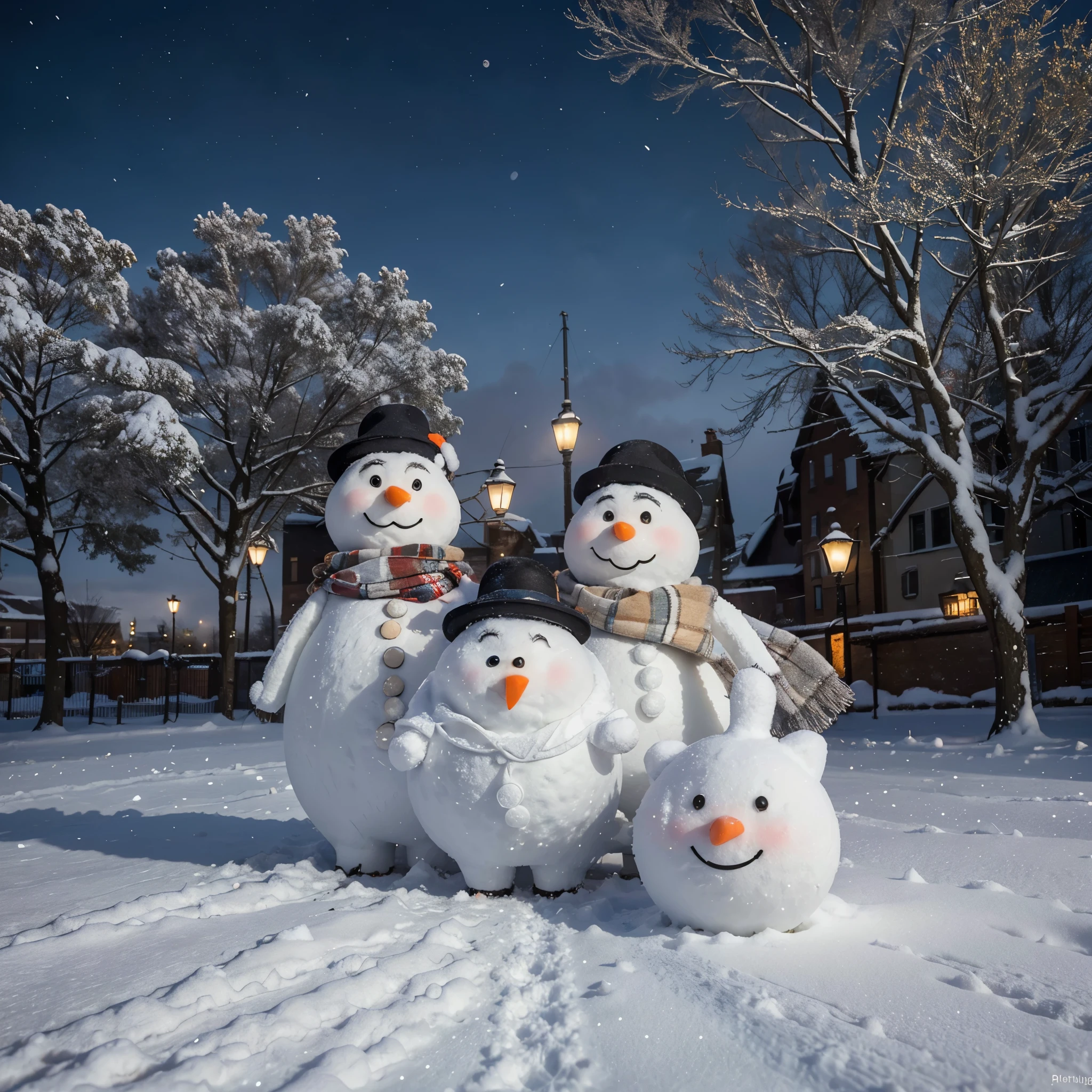 (best quality,4k,8k,highres,masterpiece:1.2),ultra-detailed,(realistic,photorealistic,photo-realistic:1.37),snow,city,giant,snowman,winter,wonderland,enormous,proud,illuminated at night,children playing,joyful,smiling faces,giggles,white magical scene,sparkling snowflakes,celebration,snowball fights,carrots as noses,big buttons as eyes,brooms for arms,festive scarves,woolen hats,frozen chilling breeze,happy atmosphere,dazzling lights,beautifully decorated rooftops,chimneys releasing smoke,warm cozy houses,icy sidewalks,footprints in the snow,delicate snow-covered trees,branches weighed down by snow,hushed sounds,crisp air,flurries dancing in the sky,peaceful and serene,quiet crunching underfoot,endless possibilities in the winter cityscape.