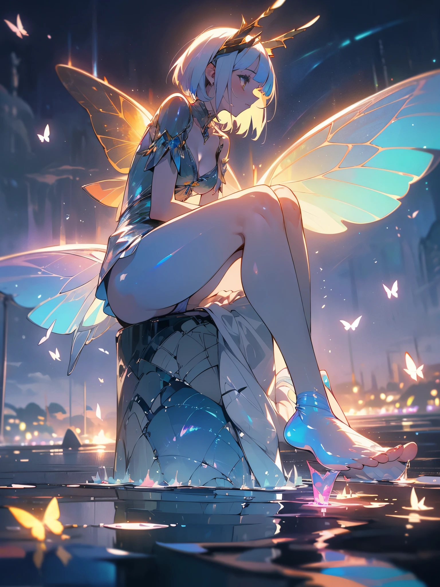 a fairy, delicate horns, in profile, white hair, long sideburns, short bob hair, eyes with different colors, cleavage, butterfly wings, colorwater, colofull, full body, (((sitting only in panties with her feet in the water extremely bluish))), fireflies light up the night, big ass, thick legs, beauty forest, {extremely detailed 16k CG unit wallpaper}, expansive landscape photography, (a view from below with focus on the character and the sky above), ( wide open field view), (low angle shot), (high light: 1.1), (low light: 1.5), (warm light source: 1.2), complex details, (iridescent colors: 1.5), (bright lighting ), (atmospheric lighting), dreamy, unique, fairy tale