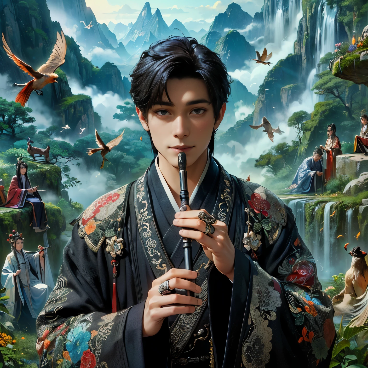 (Best Quality:1.2), (high resolution:1.2), (beautiful face and eye:1.2), (sharpest focus:1.2), (Ultra-realistic Photo:1.2), (Ultra-precise Photo:1.2), (Depth of field:1.2), (8k high resolution:1.2), (perfect anatomy:1.2), (nice hands:1.5), 
(perfect hands:1.5), (Very young and masculine and dignified and beautiful Chinese male:1.5), (Beautiful nobleman:1.0), (A beautiful nobleman:1.0), (A shiny black hermit-like garment with fancy embroidery:1.0), (A gentle smile:1.3), 
(Playing an iron flute:1.5), (A secluded hermit-like place deep in the mountains of China:1.0), (A mysterious fairyland:1.2), (Birds and animals gathered to listen to the sound of the flute:1.3), (Looking up angle:1.0), 
