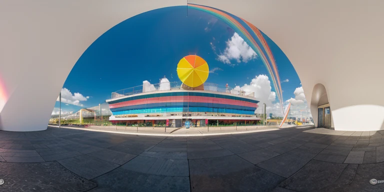 Tourist attraction eletronic, with colorful colors, in a clean space like a square, 360° panorama image, the edges must fit like a 360° image looper