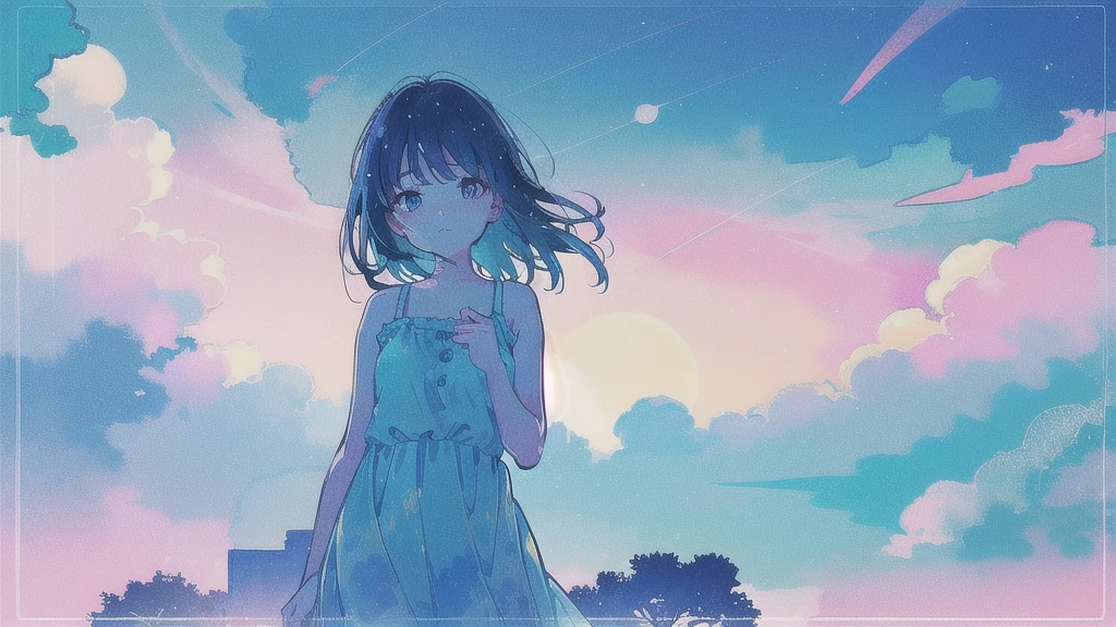 (watercolor), (low contrast), (face, 1 girl, sundress, look at viewer, cowboy shot), (starry sky, moon)