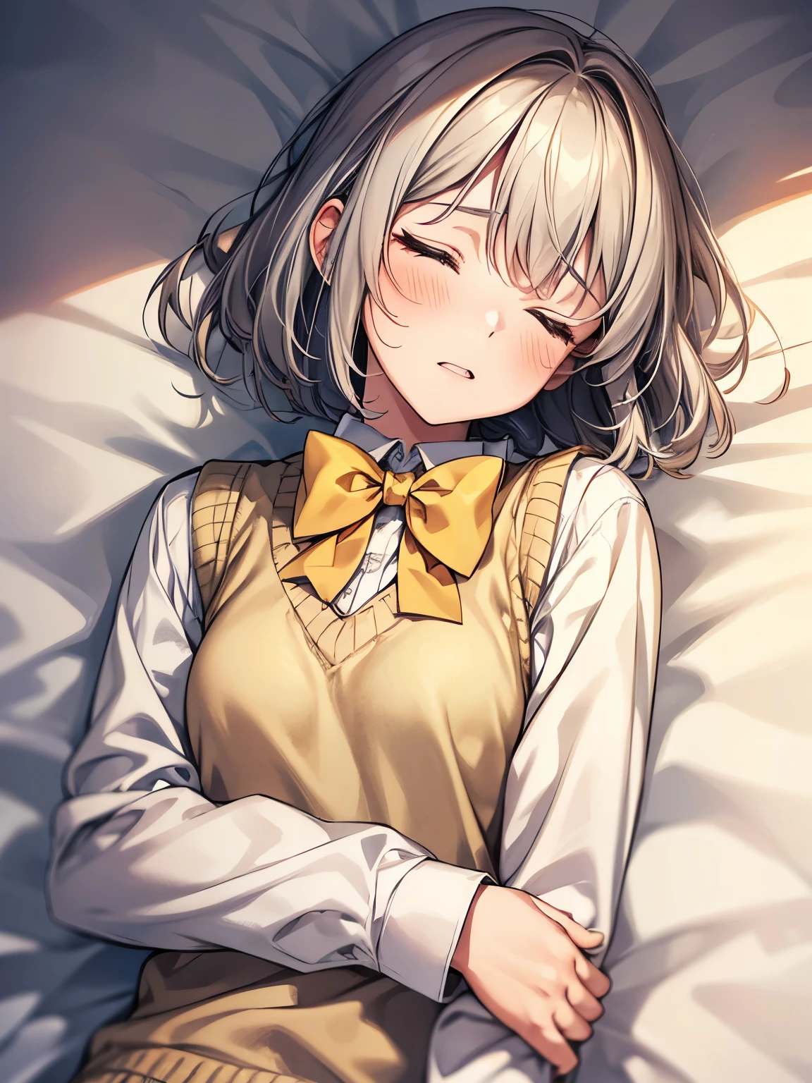1 girl, Solo, Cute Girl, 16 years old, Best Quality, Ultra-detailed, 8K, High resolution, Detailed face, (((face focus))), gray hair, medium bob hair, straight hair, (((sleeping, closed eyes, half opened mouth))), (((lying on the bed, on side, bed sheet))), (((school uniform, knitted vest, light yellow vest, bowtie, long sleeve shirt,))),