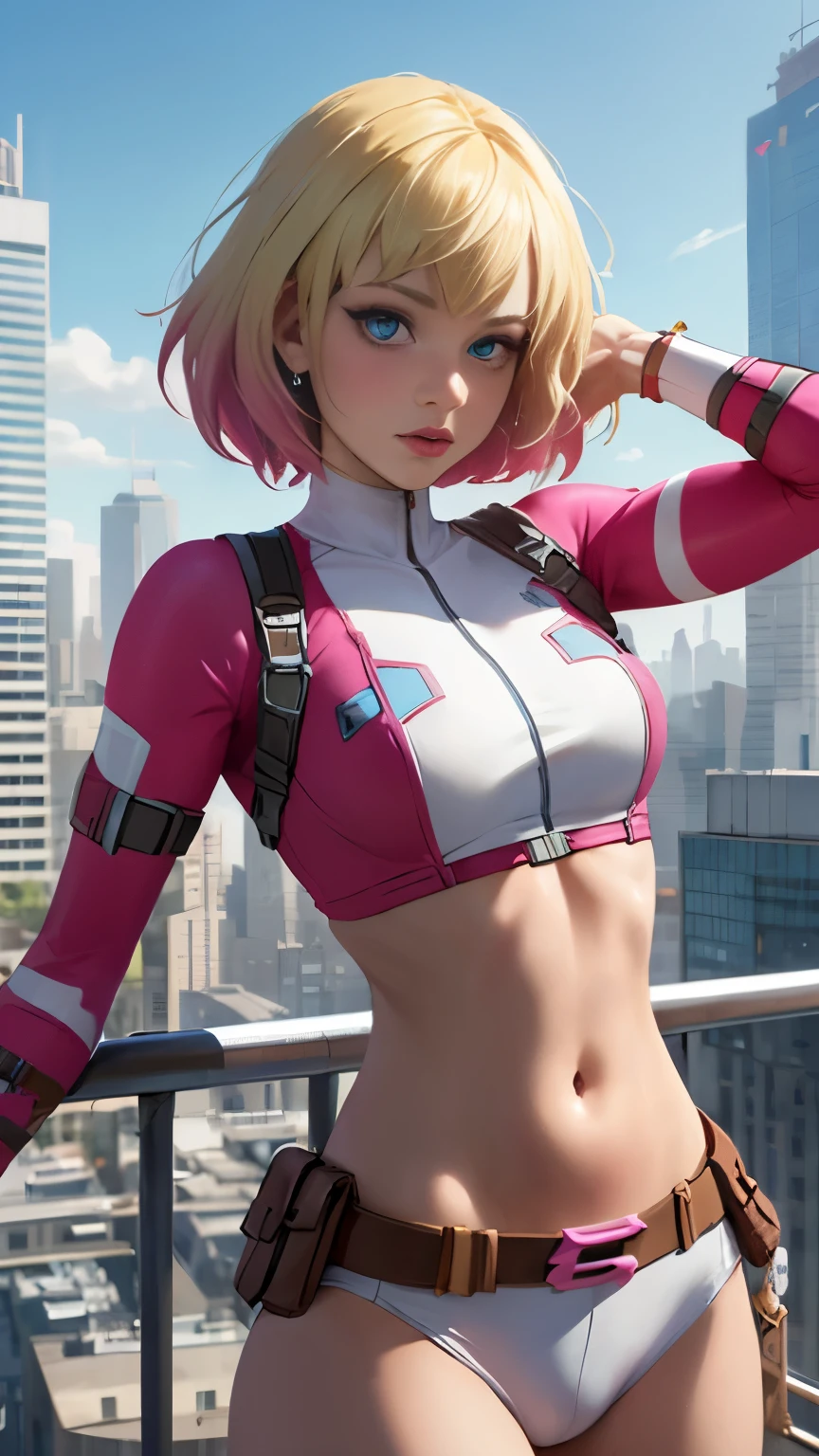 (Highly quality, masterpiece, detailed), city detailed scenario, city detailed background, solo, gwenpool, blonde hair, multi colored hair, 1woman, crop top, two-tone, navel, perfect face, beautiful eyes, look at the viewer, Sexy pose