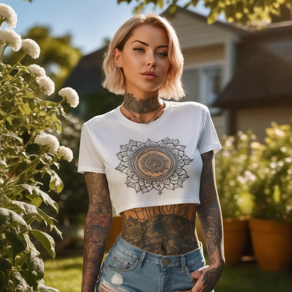 realistic image of a model adorned with intricate full-body tattoo, her eyes are blue and she is in her garden playing with her dog and wearing Lycia shorts and a cropped T-shirt, her full body tattoo can be seen and its sunny day, hot, the garden is the setting for the background