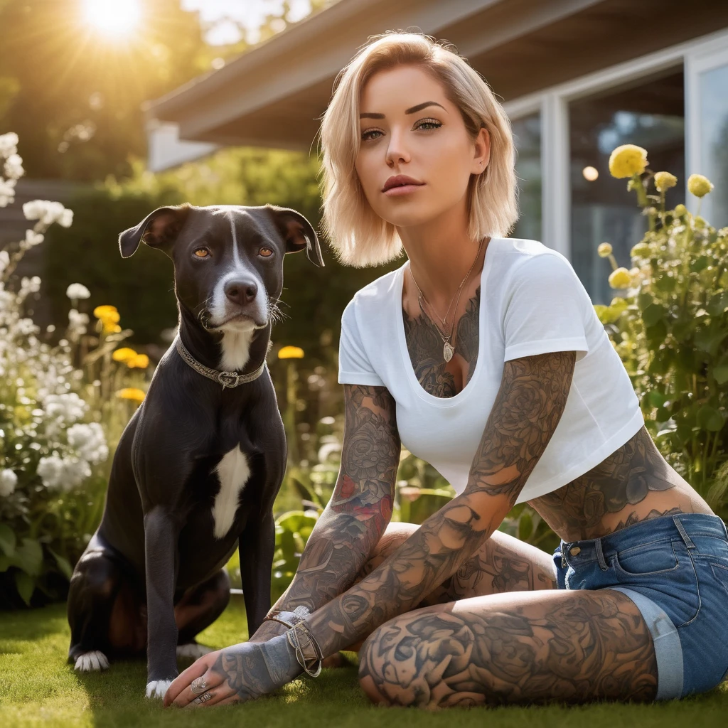 realistic image of a model adorned with intricate full-body tattoo, her eyes are blue and she is in her garden playing with her dog and wearing Lycia shorts and a cropped T-shirt, her full body tattoo can be seen and its sunny day, hot, the garden is the setting for the background