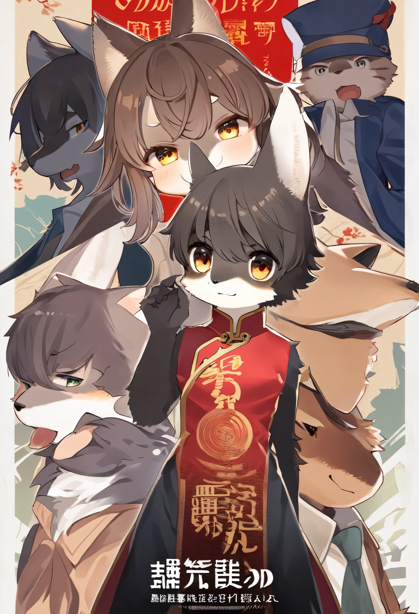 movie poster, highres, top quality, best quality, perfect artwork, absurdres, perfect anatomy(young male detective and a woman in Chinese dress furry, kemono, anthro)Crime mystery,
