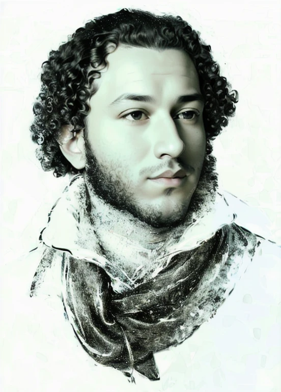 portrait of a man with a scarf, portrait of Alexander Pushkin, african facials features, ((fat lips)), big eyes, (((curly hair))), ((sideburns)), (((Masterpiece))), black and white pencil drowning, best quality, artgerm, trending on artstation, official art, unity 8k wallpaper, HDR, 4k, 8k, HD,
