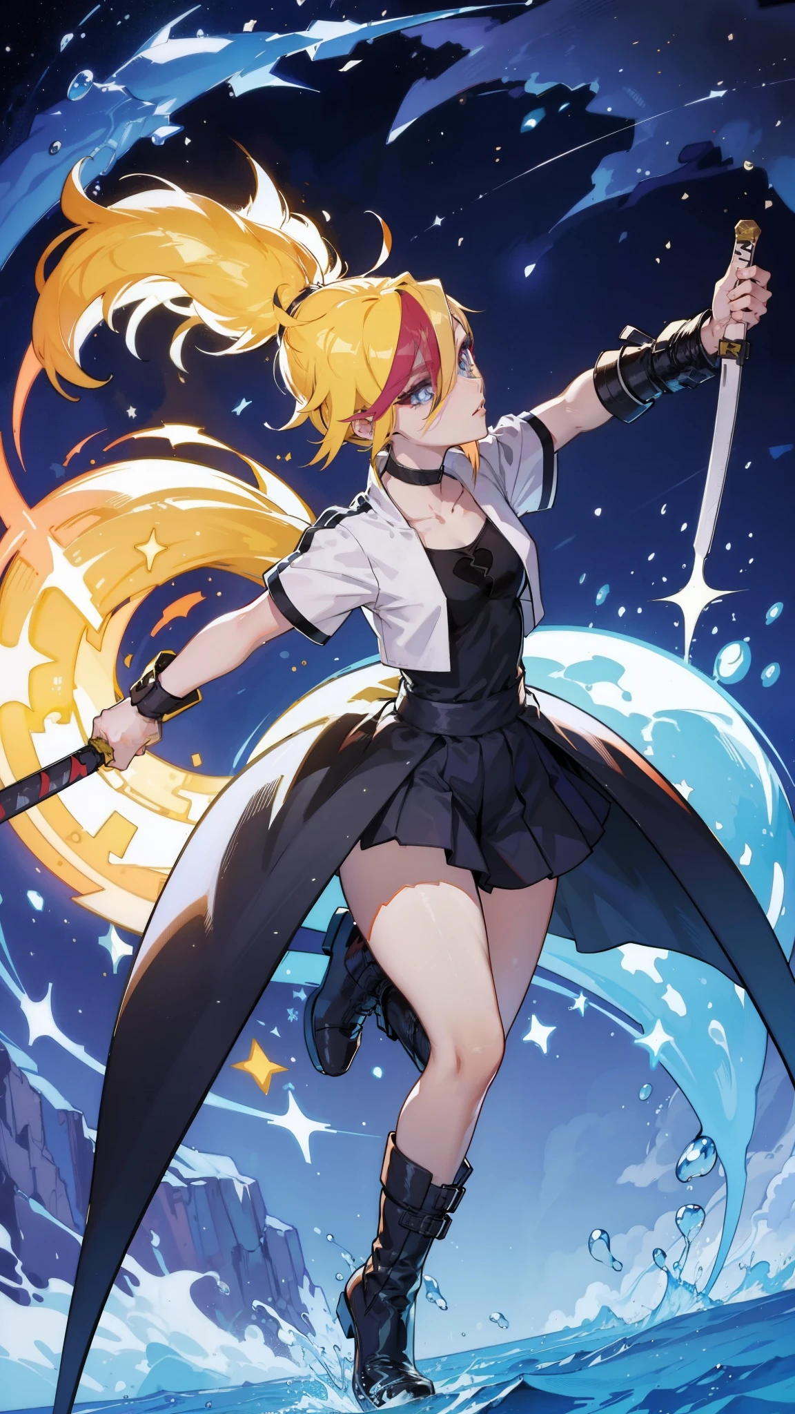 1 girl, ultra long hair, ultra detailed face, glowing lips, glowing blue eyes, very long ponytail, elegant walk, catwalk, holding down a  giant katana, blonde, long eyelashes, long boots , looking to the sky, starry sky, a ultra giant katana 