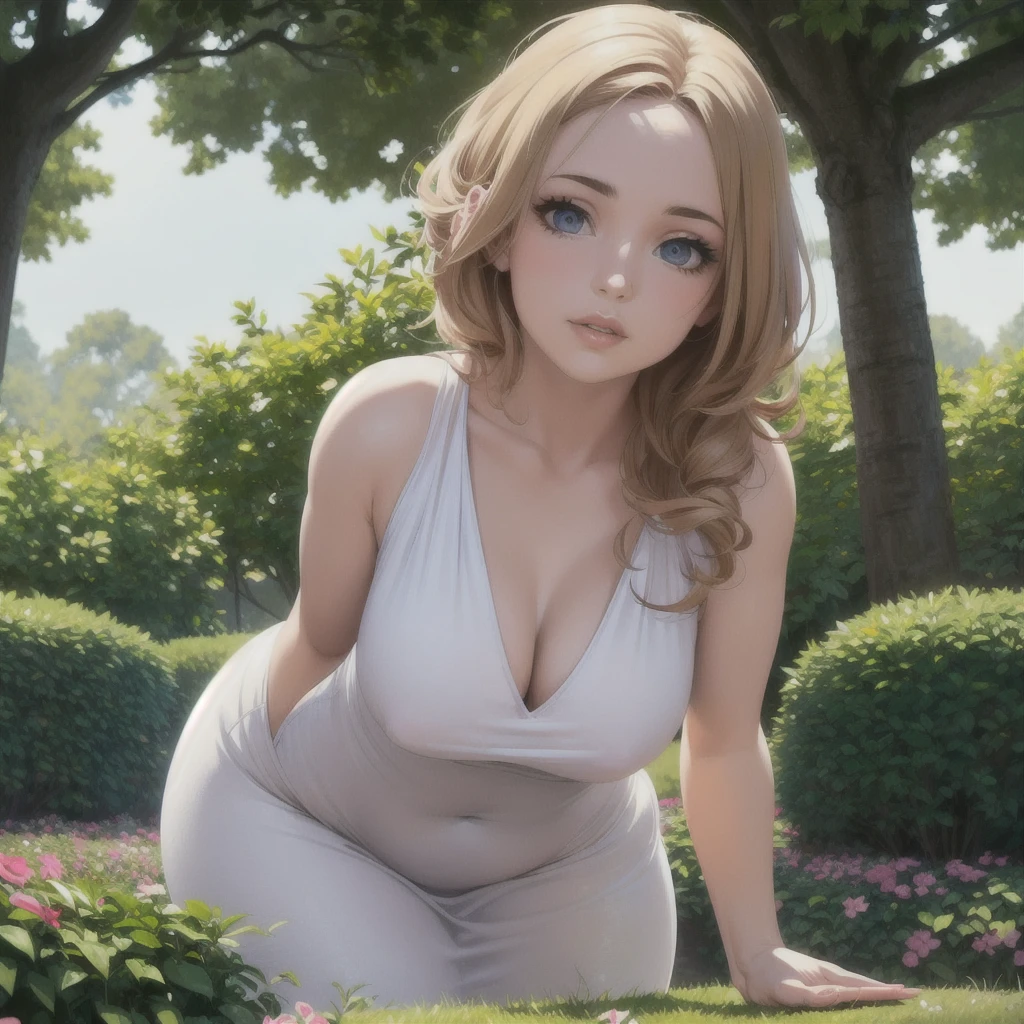 (best quality,ultra-detailed,realistic:1.37),beautiful detailed eyes,beautiful detailed lips,extremely detailed eyes and face,longeyelashes,1girl,wide hips,thick thighs,curvy body,confident posture,graceful movement,strawberry blonde hair flowing in the wind,soft and smooth skin,stylish fashion,floral print sundress,captured in a vibrant garden,with blooming flowers and lush greenery,soft sunlight filtering through the trees,casting a gentle glow,peaceful and serene atmosphere,soft pastel colors with a touch of warmth,subtle shadows playing across her figure,creating depth and dimension,effortlessly blending the natural beauty of the girl with the surrounding nature,a sense of tranquility and harmony,radiating from the artwork,portraits,photorealistic style,bringing the girl to life with breathtaking detail and realism,color palette inspired by impressionist painters,enhancing the dreamlike quality of the scene,adding a touch of whimsy and romance,enhanced by the golden hour lighting,illuminating the girl's features with a soft, warm glow,creating a magical and ethereal ambiance.