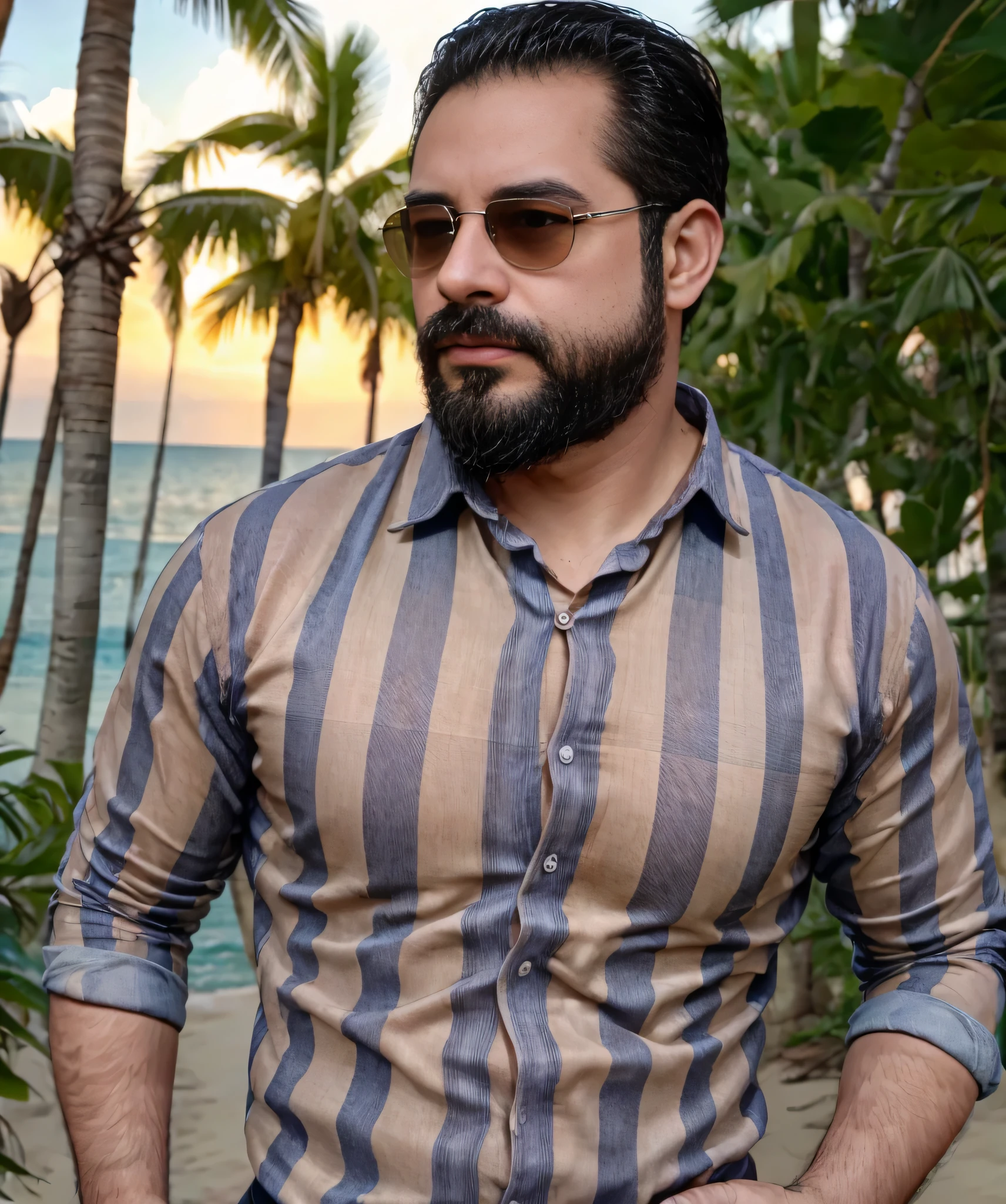 (best quality,4k,8k,highres,masterpiece:1.2), ultra-detailed, realistic:1.37, HDR, studio lighting, professional, vivid colors, bokeh, portraits, man in his late 30s, bearded, wearing sunglasses, wearing formal attire with checkered shirt, walking on the beach.